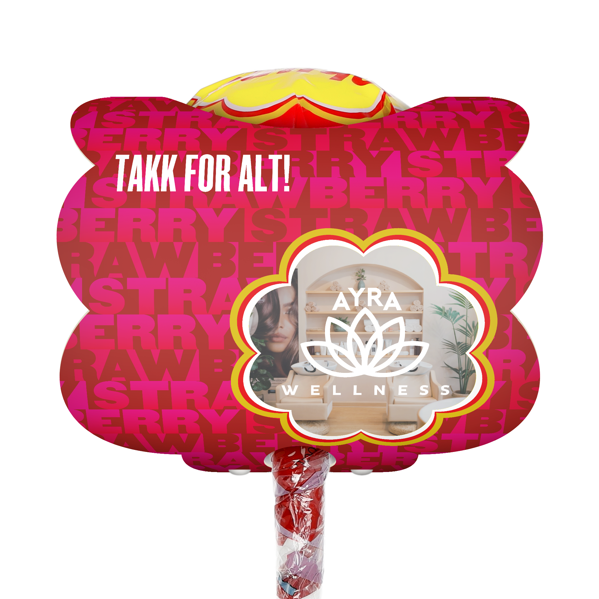 Mega Chupa Chups - personlig - Jordbær - 20 ispinner, med eget design og teksten "Takk for alt!".