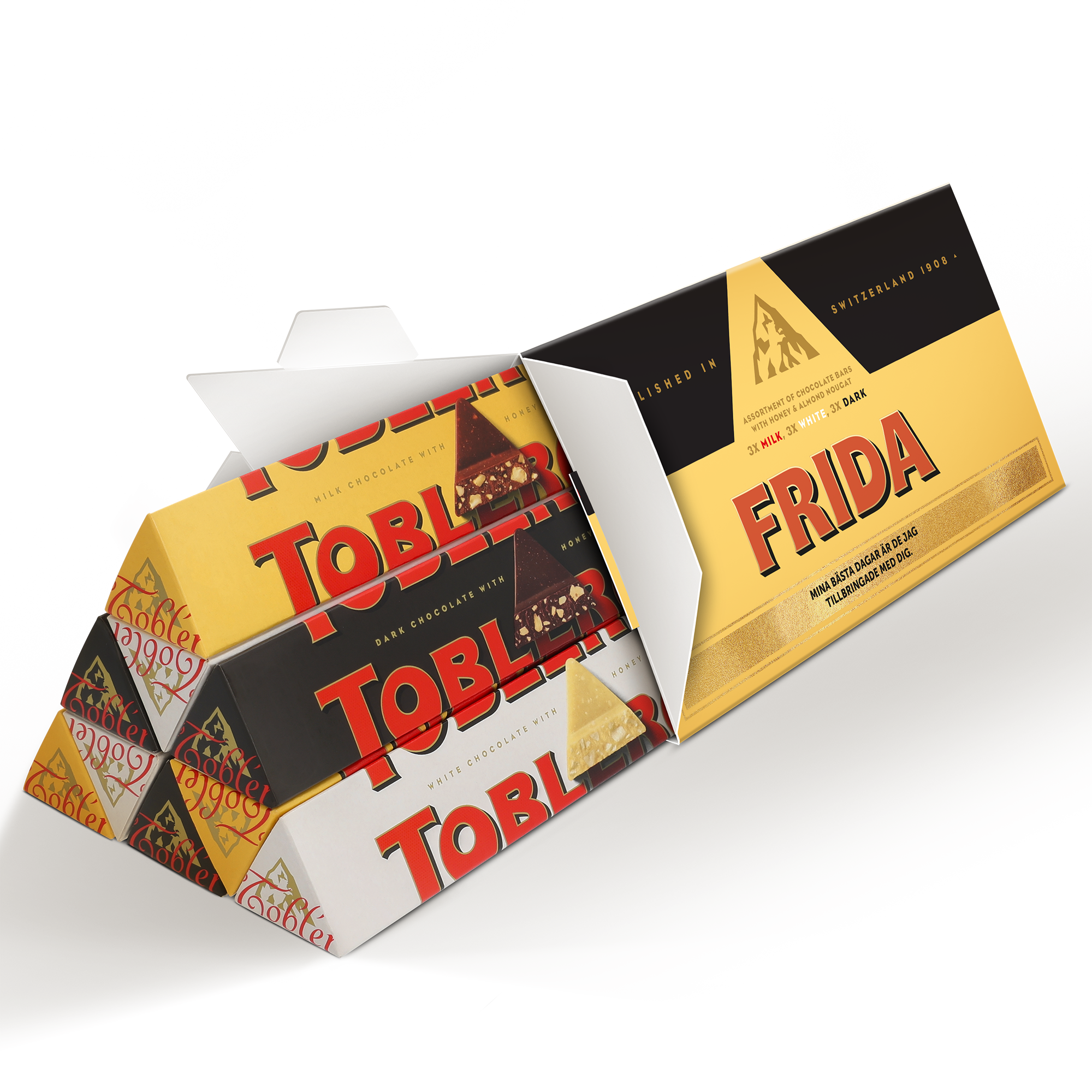 Personlig XL Toblerone Selection chokladkaka med namnet Frida och texten Mina bästa dagar är de jag tillbringade med dig tryckt på förpackningen.