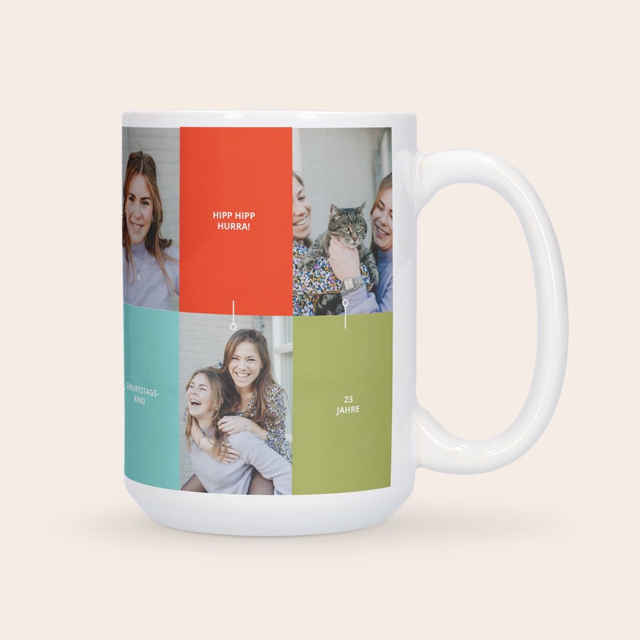 Große Tasse Bedrucken Bedruckte XL Tasse mit vier personalisierten Fotos und Text wie "Hipp Hipp Hurra", "Geburtstagskind" und "23 Jahre"