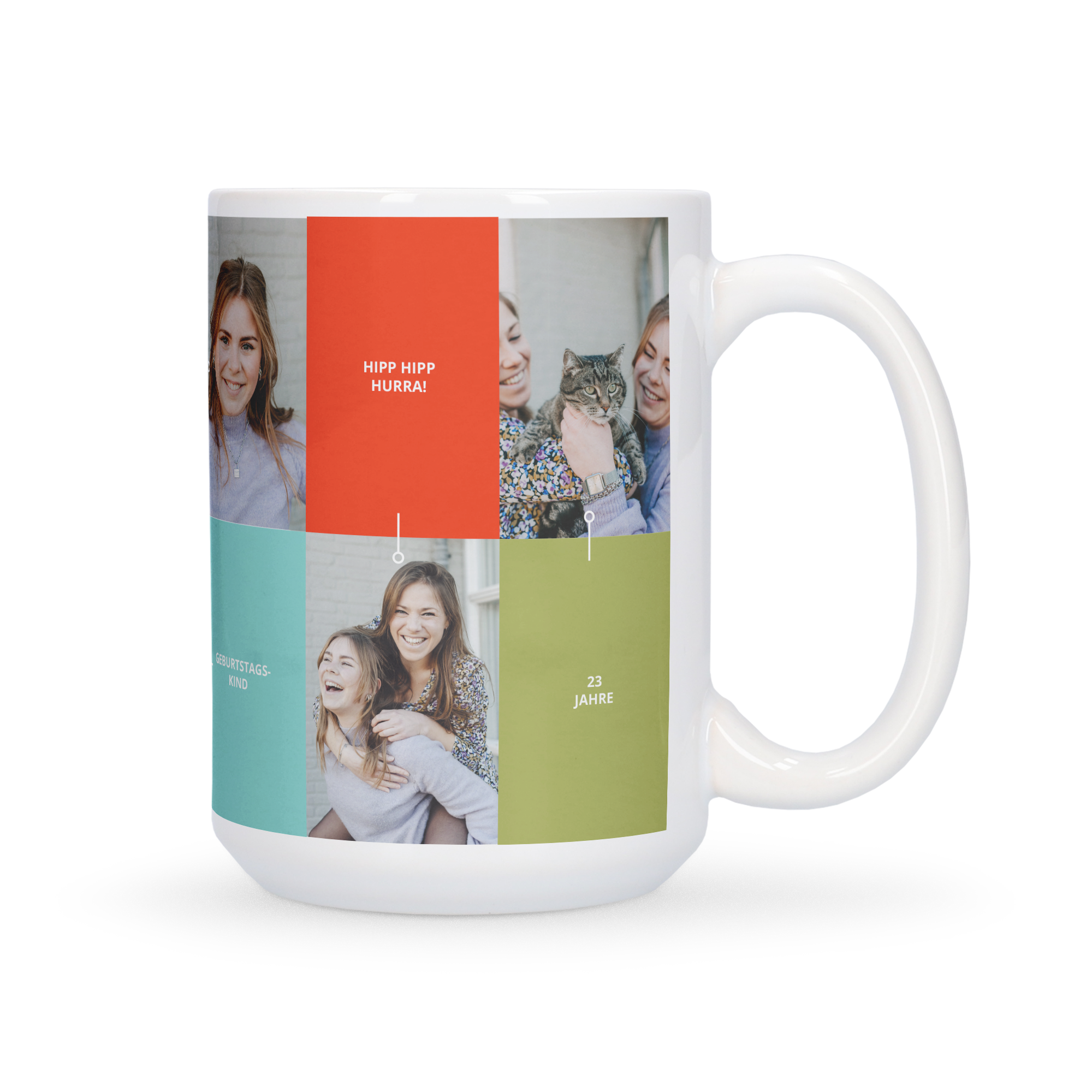 Bedruckte XL Tasse mit vier personalisierten Fotos und Text wie "Hipp Hipp Hurra", "Geburtstagskind" und "23 Jahre"