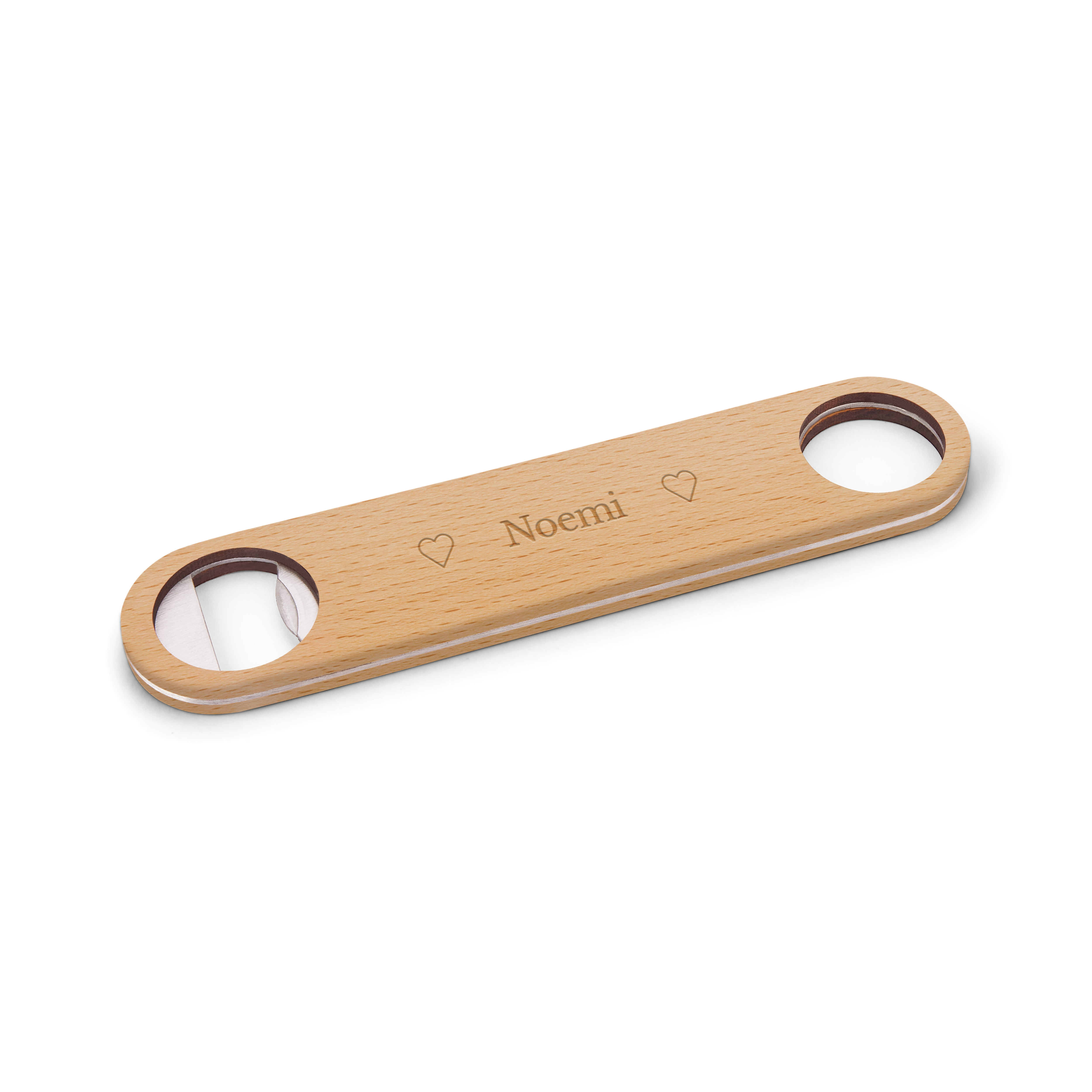 Apribottiglie personalizzato in legno di faggio inciso con nome "Noemi" e due cuori per un regalo unico