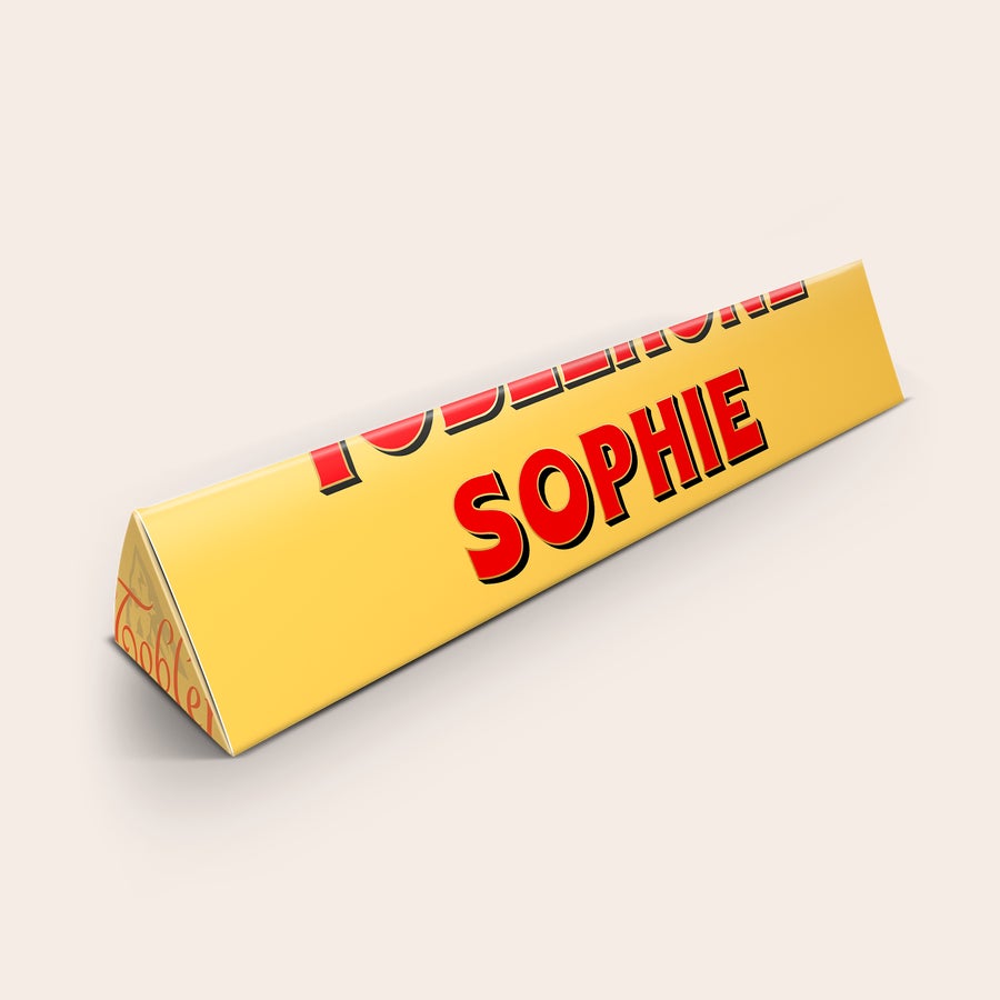 Toblerone met naam Gepersonaliseerde Toblerone chocoladereep met naam Sophie, geprint op de wikkel