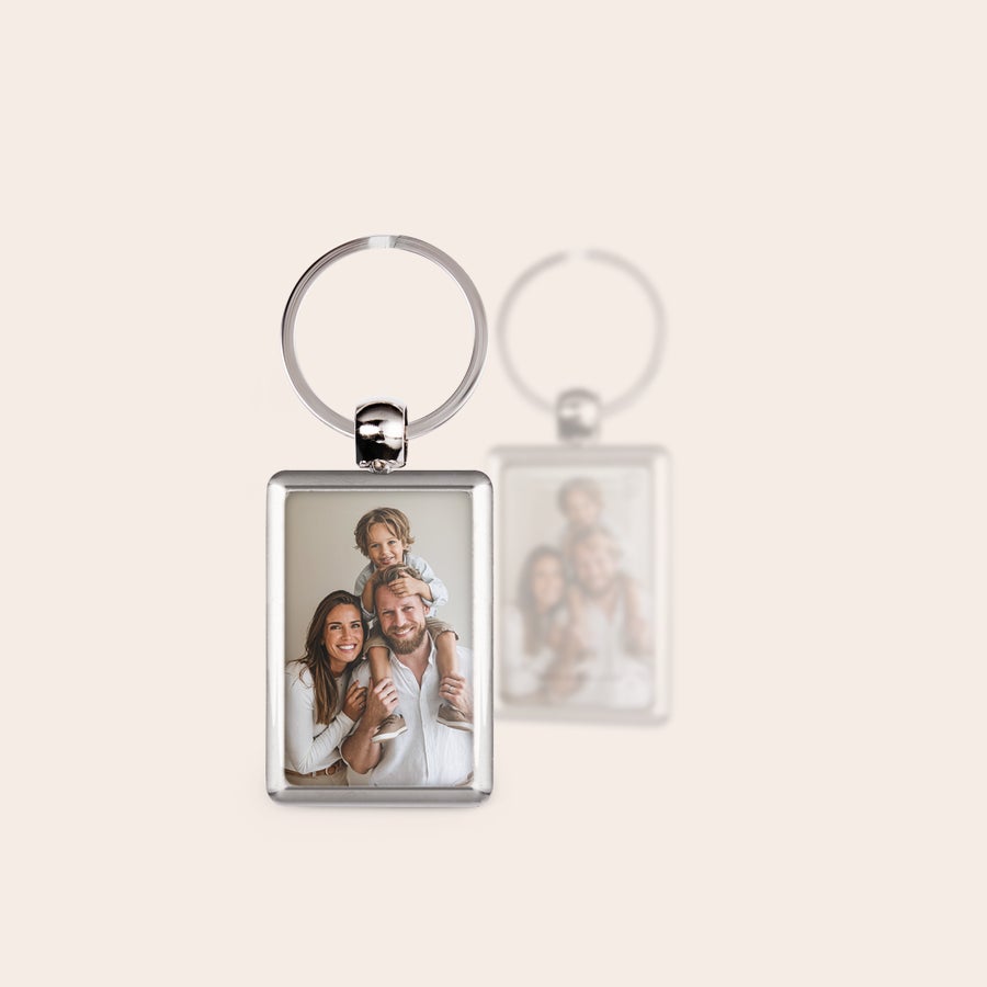 Breloc personalizat Ziua Tatălui Breloc dreptunghiular din oțel inoxidabil cu două fețe personalizabil, imprimat cu o fotografie de familie color.