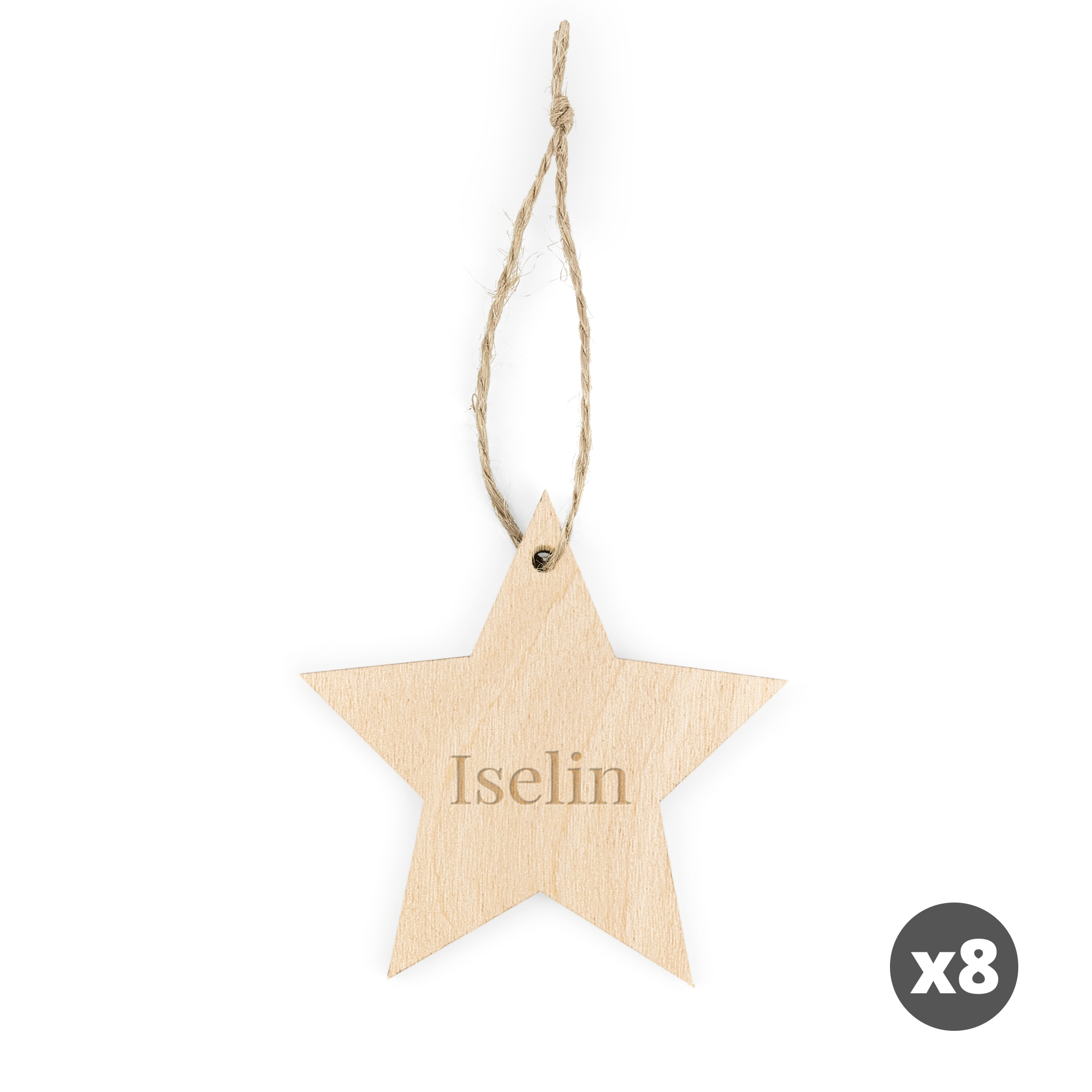 Personlig julestjerne i tre, inngravert med navnet "Iselin", og et jutetau til oppheng.