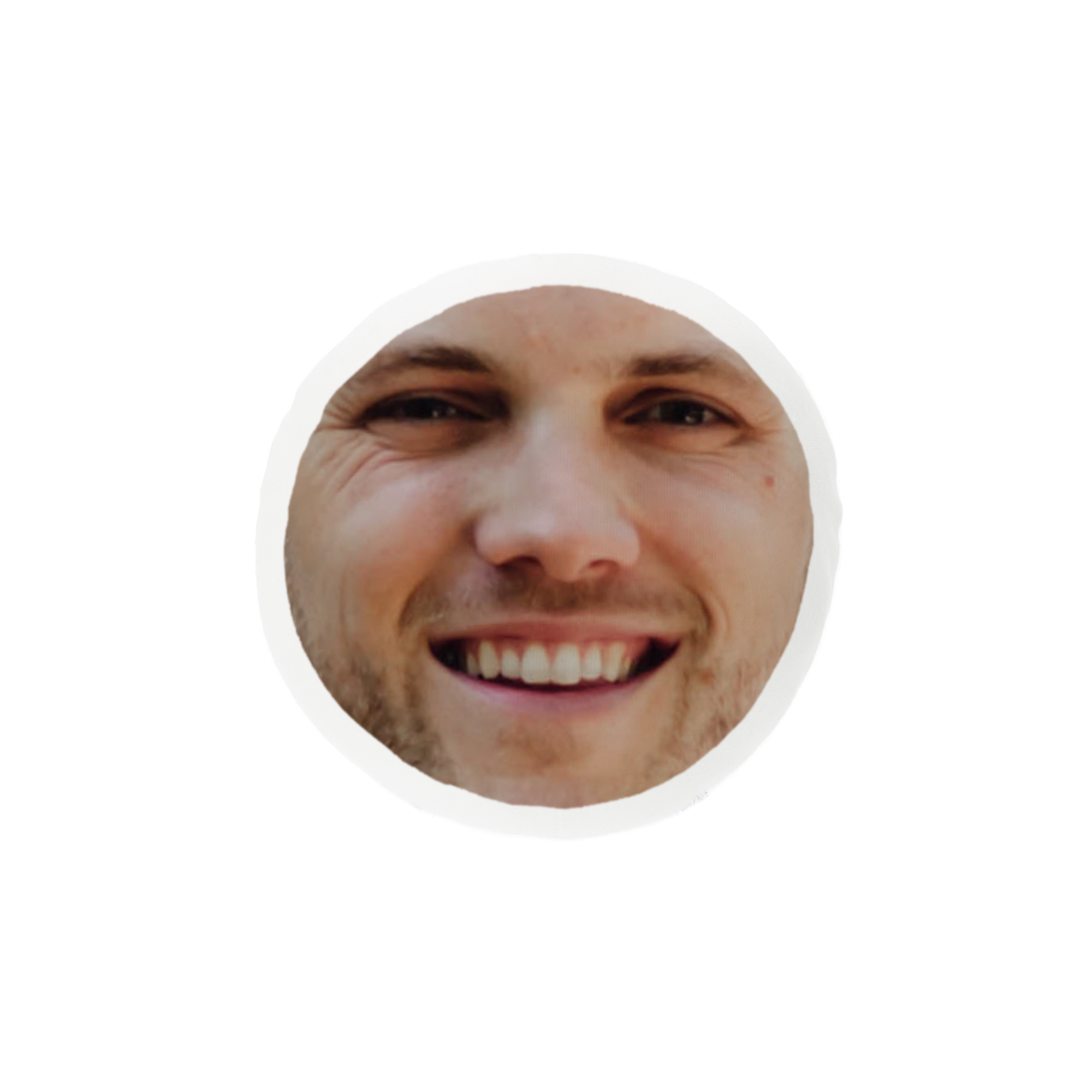 ItsieMe ekstra hode med et trykt bilde av et smilende mannlig ansikt.