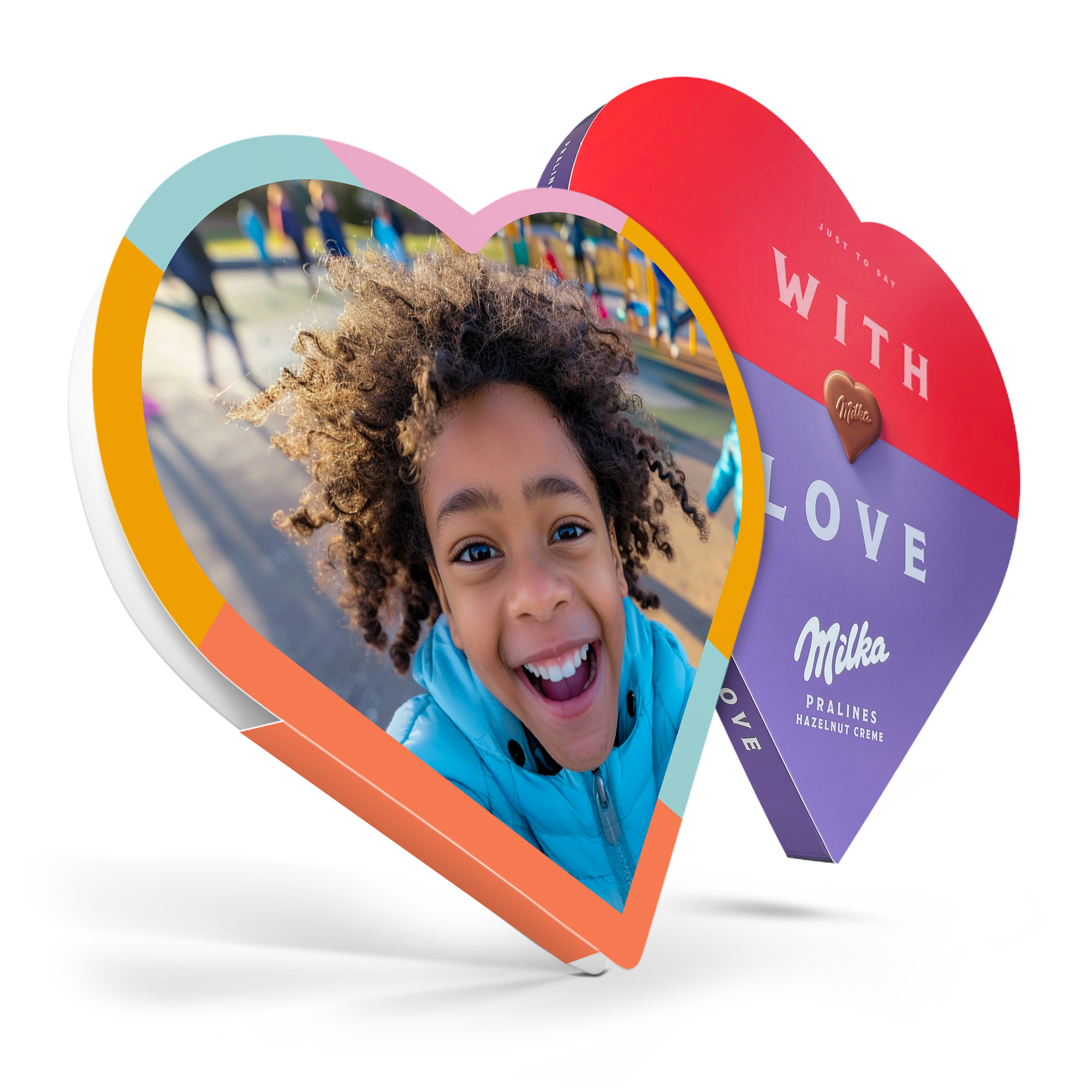 Personalised heart chocolate box with a printed photo of a child smiling and a red and purple Milka praline box