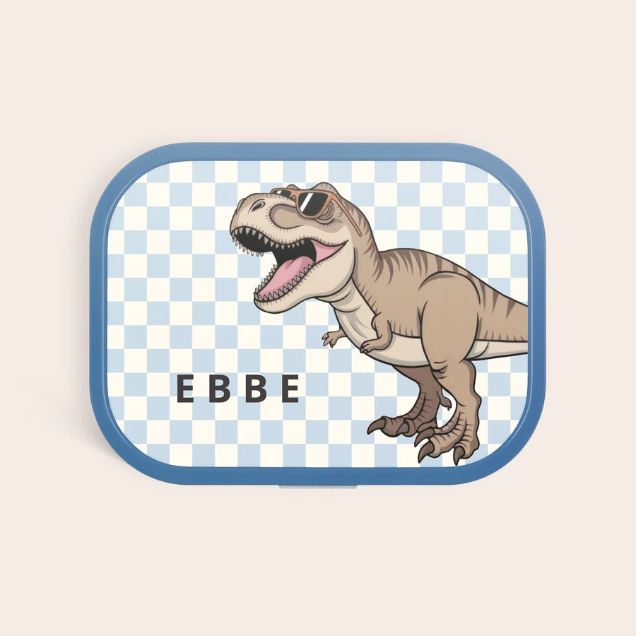 Mepal madkasse - personlig Personlig blå Mepal madkasse med et fuldfarvetryk af en dinosaur med solbriller og navnet Ebbe