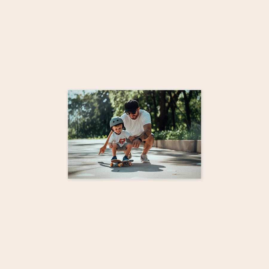 Photo on forex A personalized photo on forex showing a man teaching a child to skateboard, a wonderful gift for wall decoration