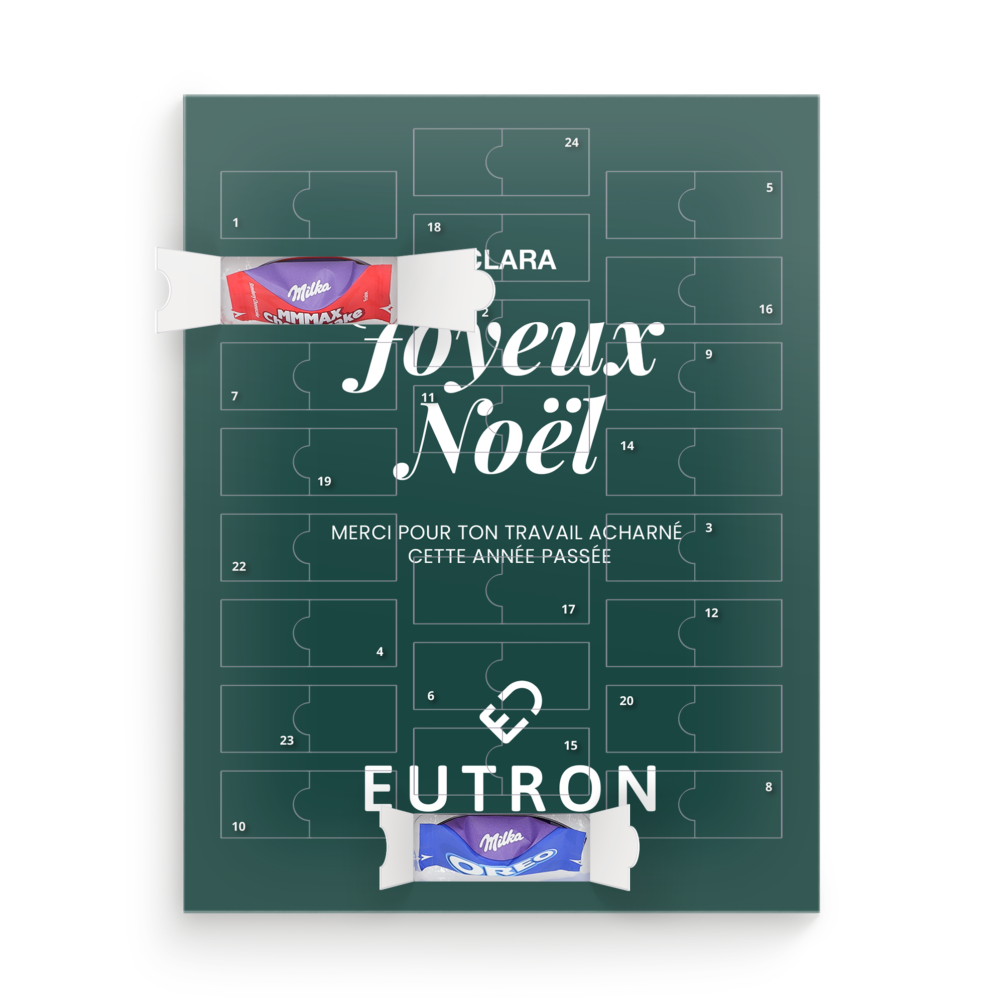 Calendrier de l'Avent personnalisé Milka, fond vert avec Joyeux Noël, Merci pour ton travail et le nom Clara