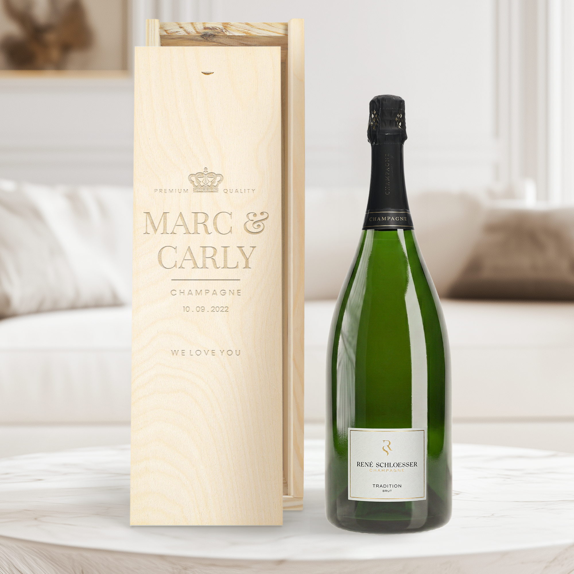 Personalised champagne gift - René Schloesser Magnum - Engraved wooden case with names Marc & Carly and a date.
