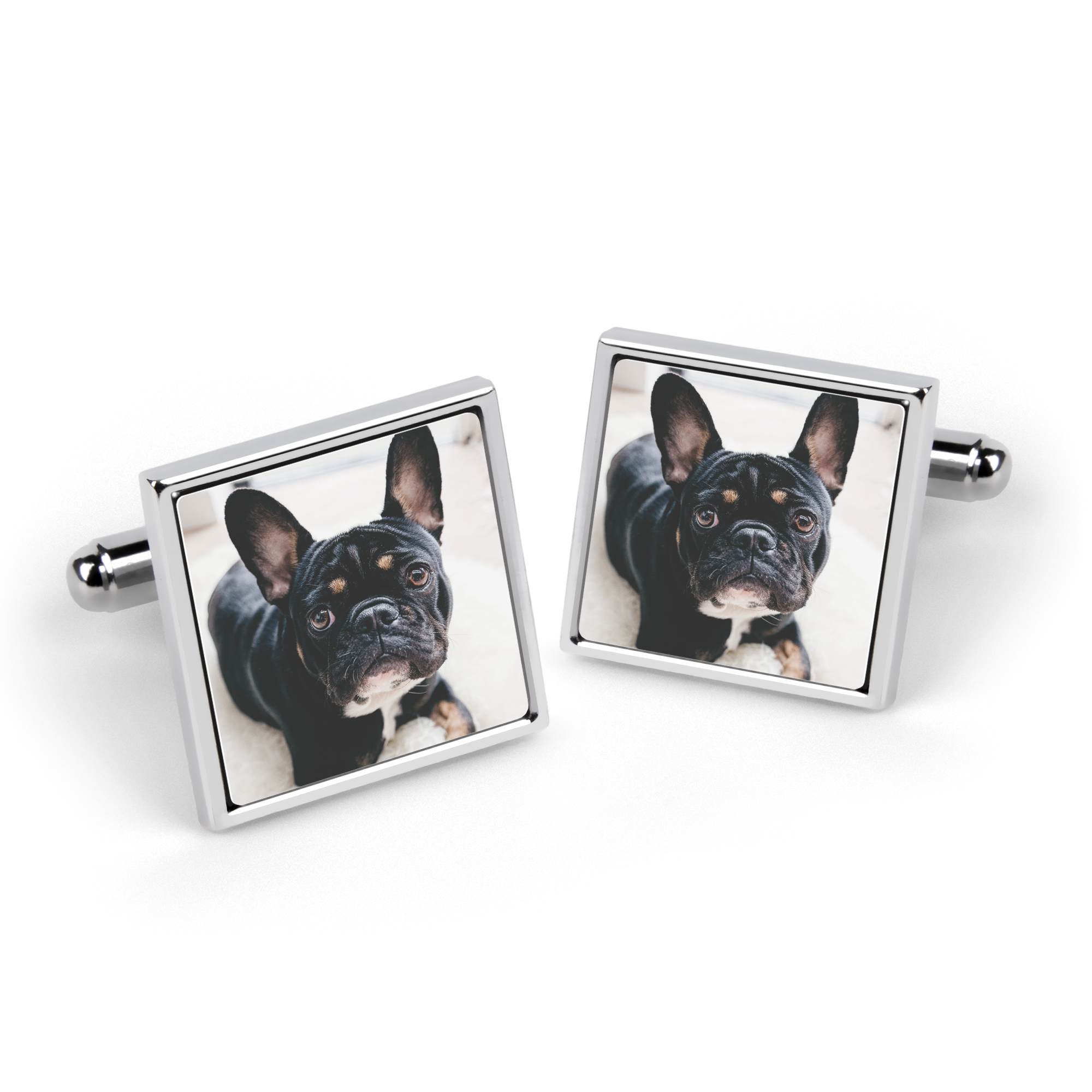 Silver square cufflinks printed with a French bulldog photo to surprise your loved ones