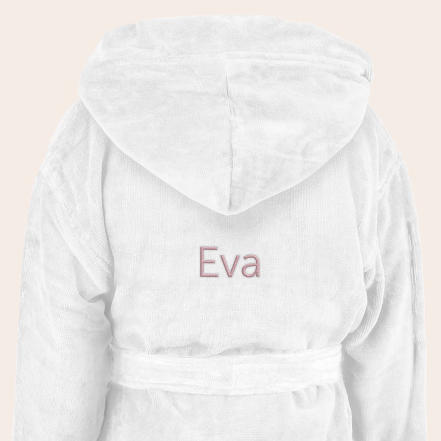 Accappatoio Bambino Accappatoio personalizzato per bambini bianco con cappuccio e nome "Eva" ricamato in rosa