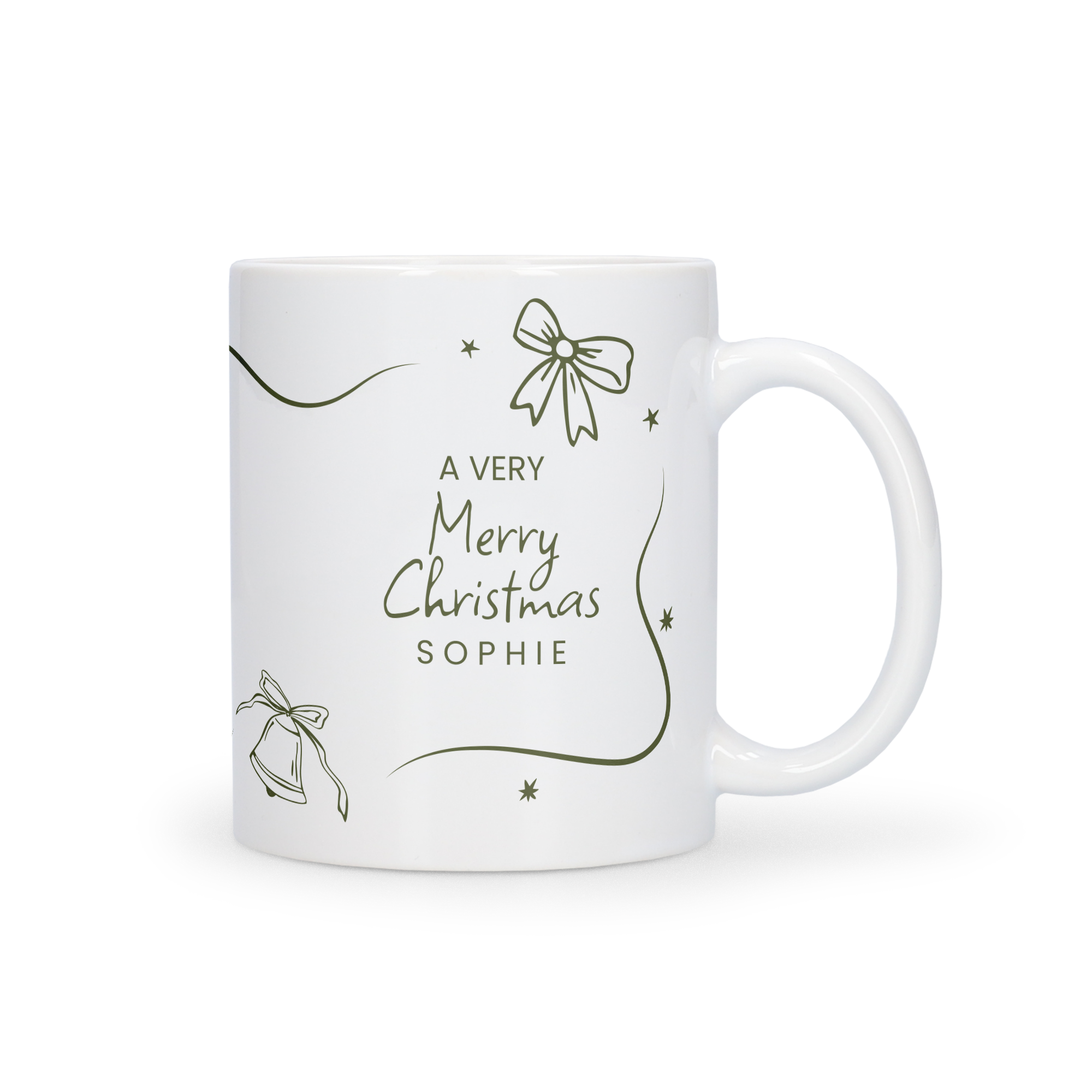 Personalised Mug - White with Merry Christmas Sophie printed design and decorative bows and bells