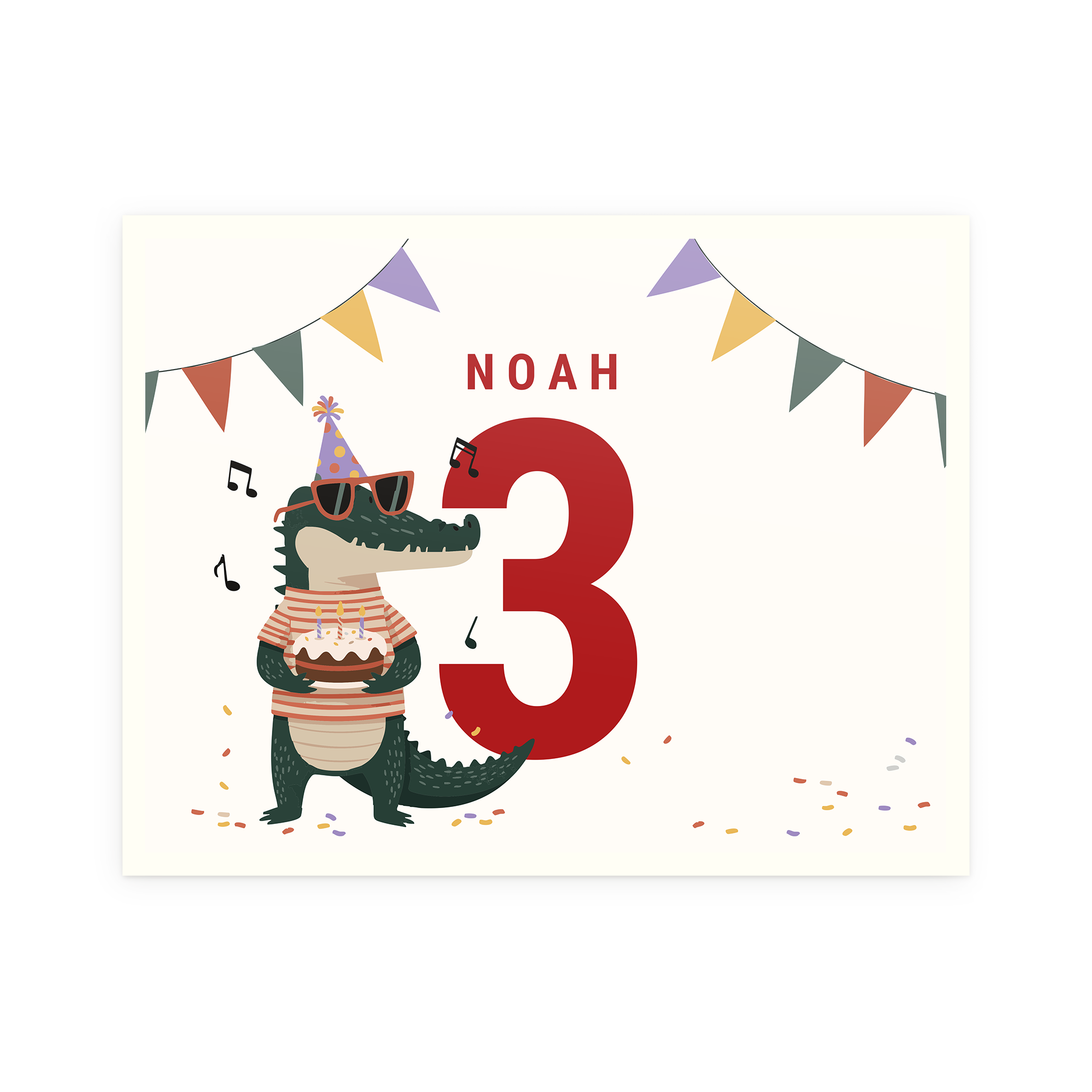 Personalisiertes Geburtstagsbild mit Krokodil, Name NOAH und Zahl 3, gedruckt auf Leinwand.