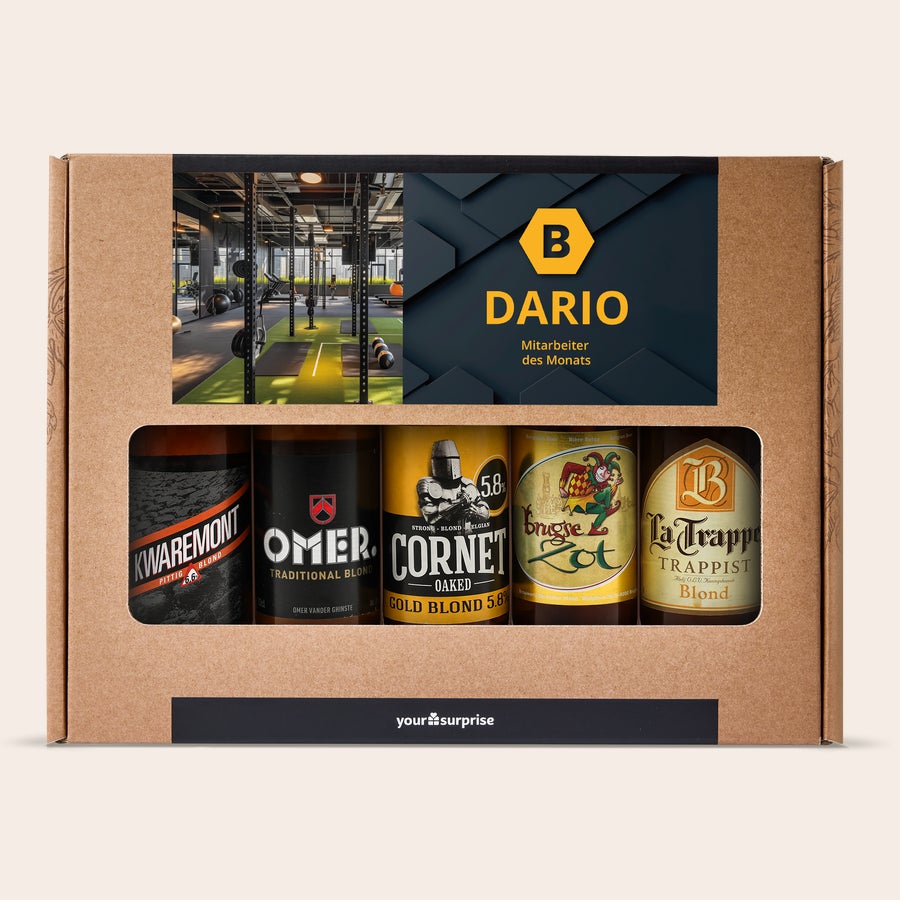 Geburtstag bier personalisieren Bierpaket mit fünf Flaschen Bierspezialitäten, bedruckt mit einem Foto und dem Namen Dario.