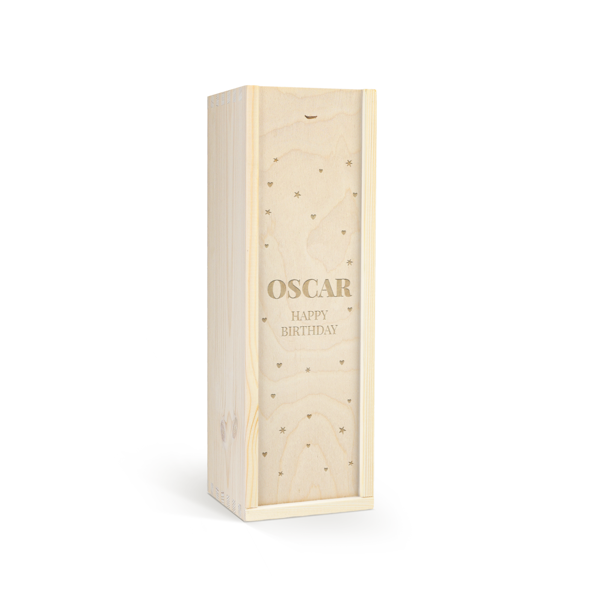 Caja de madera con diseño de estrellas y corazones grabados, personalizada con el nombre OSCAR para botella de champán para los más pequeños de la casa.