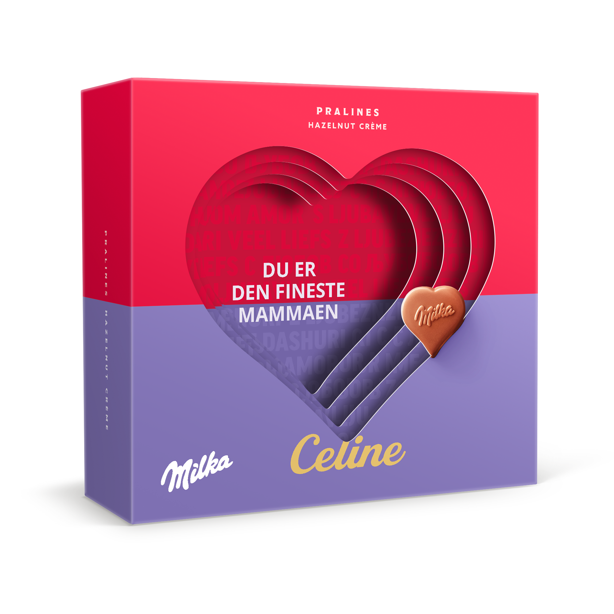 Personlig Milka Hearts 3D-gaveeske med hjerteformet utskjæring, trykt med teksten Du er den fineste mammaen og navnet Celine.
