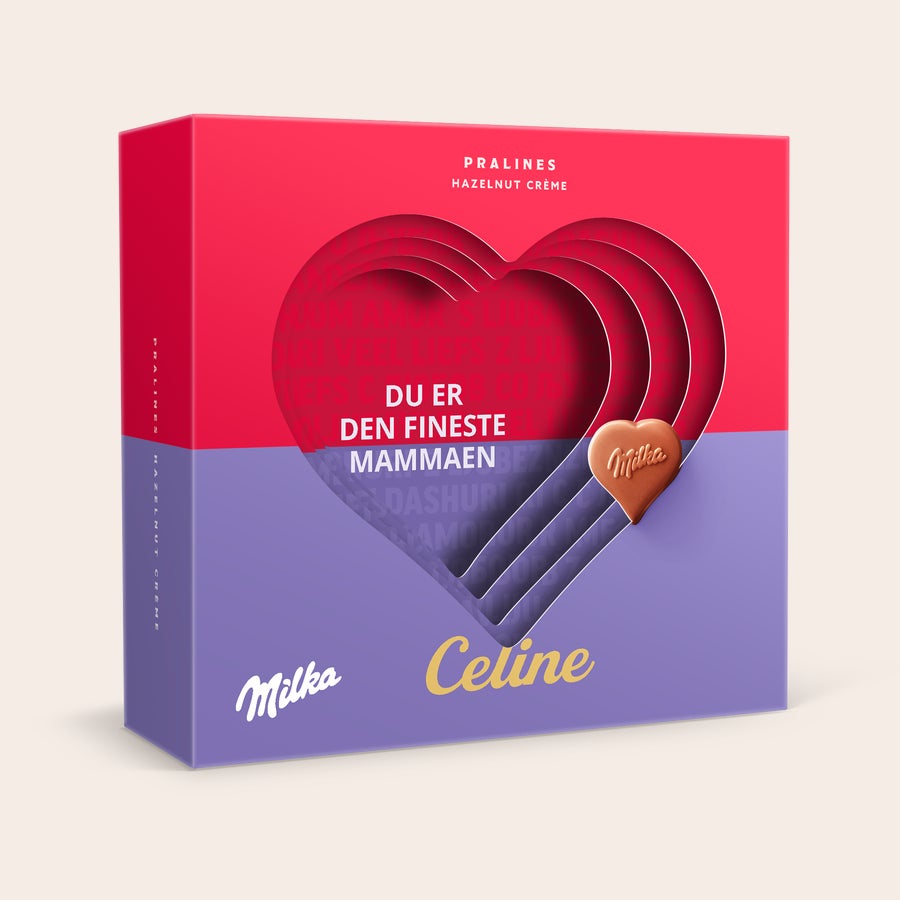Milka sjokolade 3D-gaveeske Personlig Milka Hearts 3D-gaveeske med hjerteformet utskjæring, trykt med teksten Du er den fineste mammaen og navnet Celine.