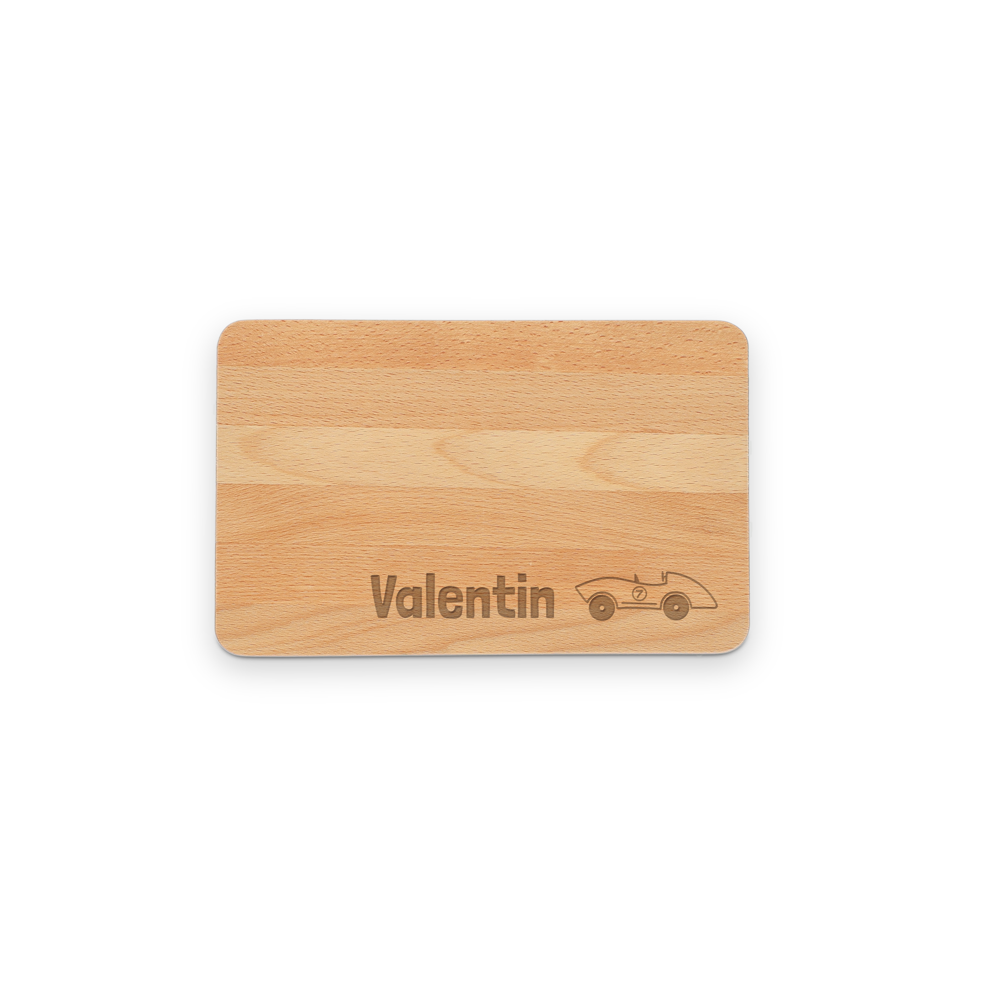 Planche à pain en hêtre gravée avec le nom Valentin et une voiture, un cadeau unique et personnalisé.