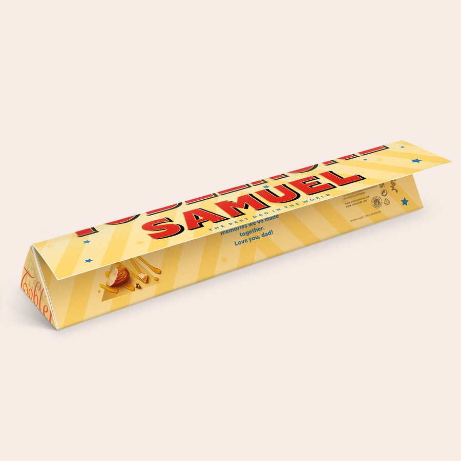 Toblerone - Apák napja Személyre szabott Toblerone csokoládé Apák napjára, "SAMUEL" felirattal és személyes üzenettel nyomtatva