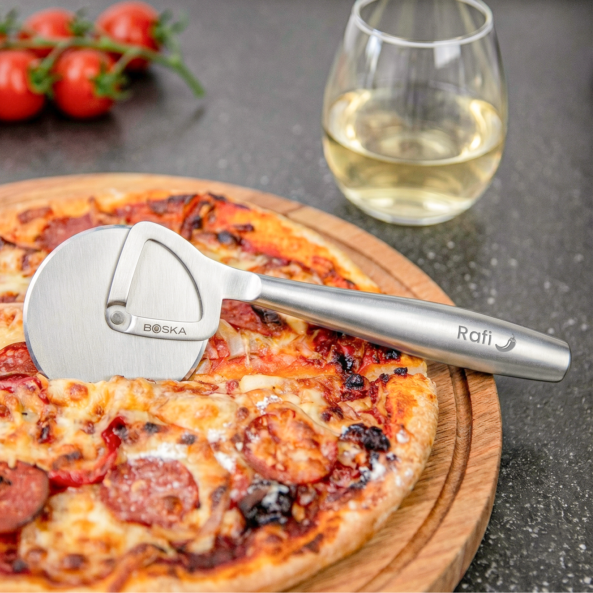 BOSKA pizzasnijder graveren met naam Rafi en chilipeper icoon op het handvat, ligt op een pizza met salami en kaas.