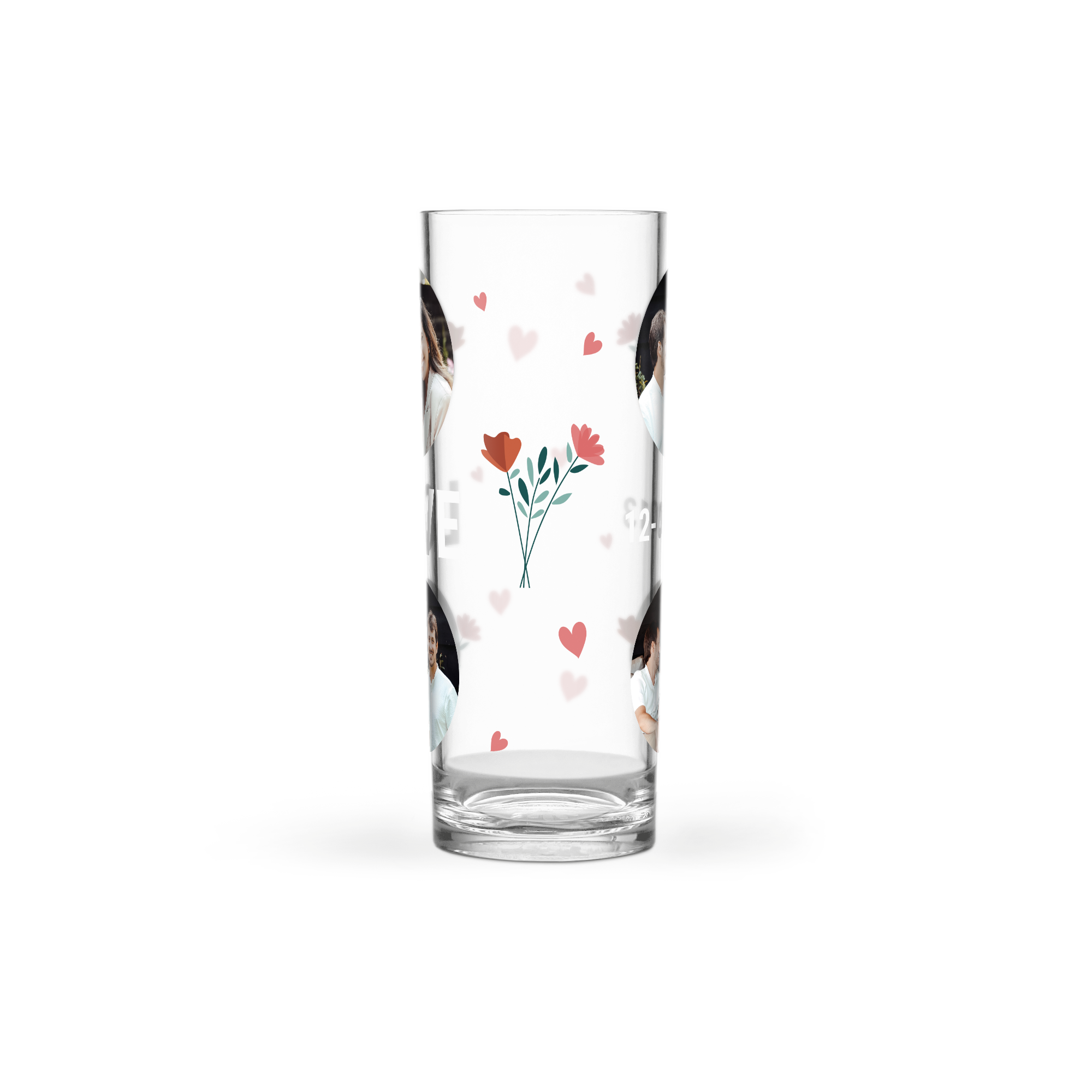 Personalisiertes Longdrinkglas aus Kunststoff, bedruckt mit Fotos, Blumenmotiv, Herzen und Text "LOVE 12"
