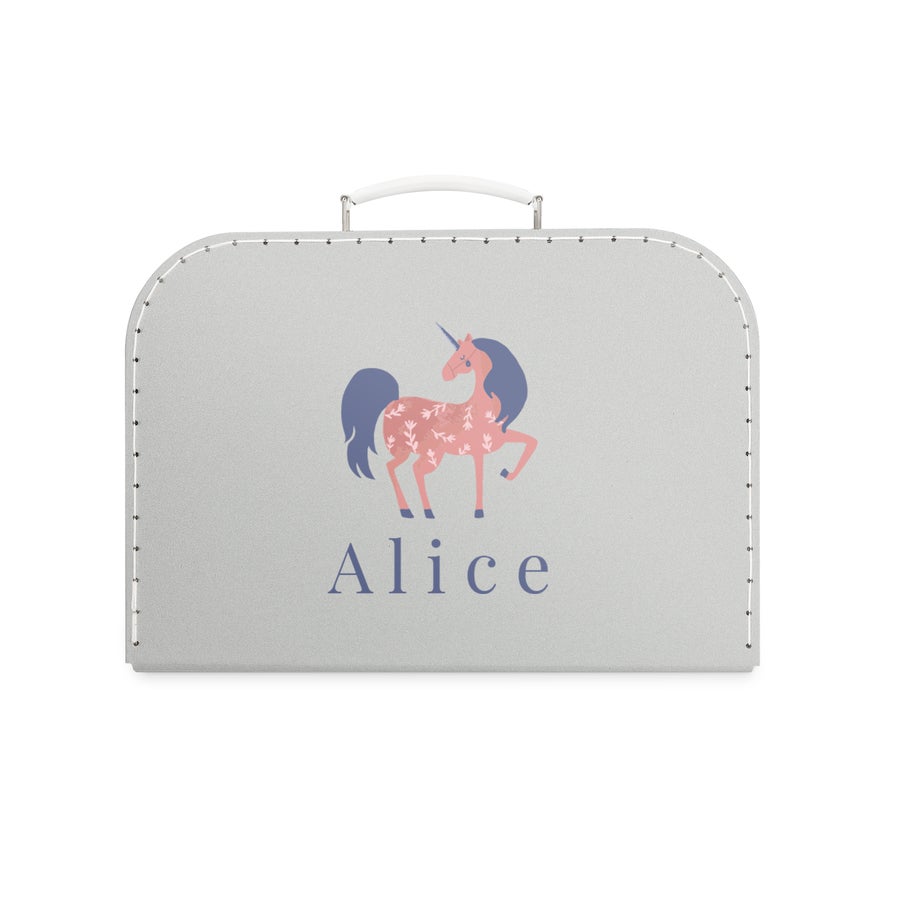 Mala de criança impressa Mala de brinquedo cinza com unicórnio rosa e nome Alice, impressa para quarto infantil
