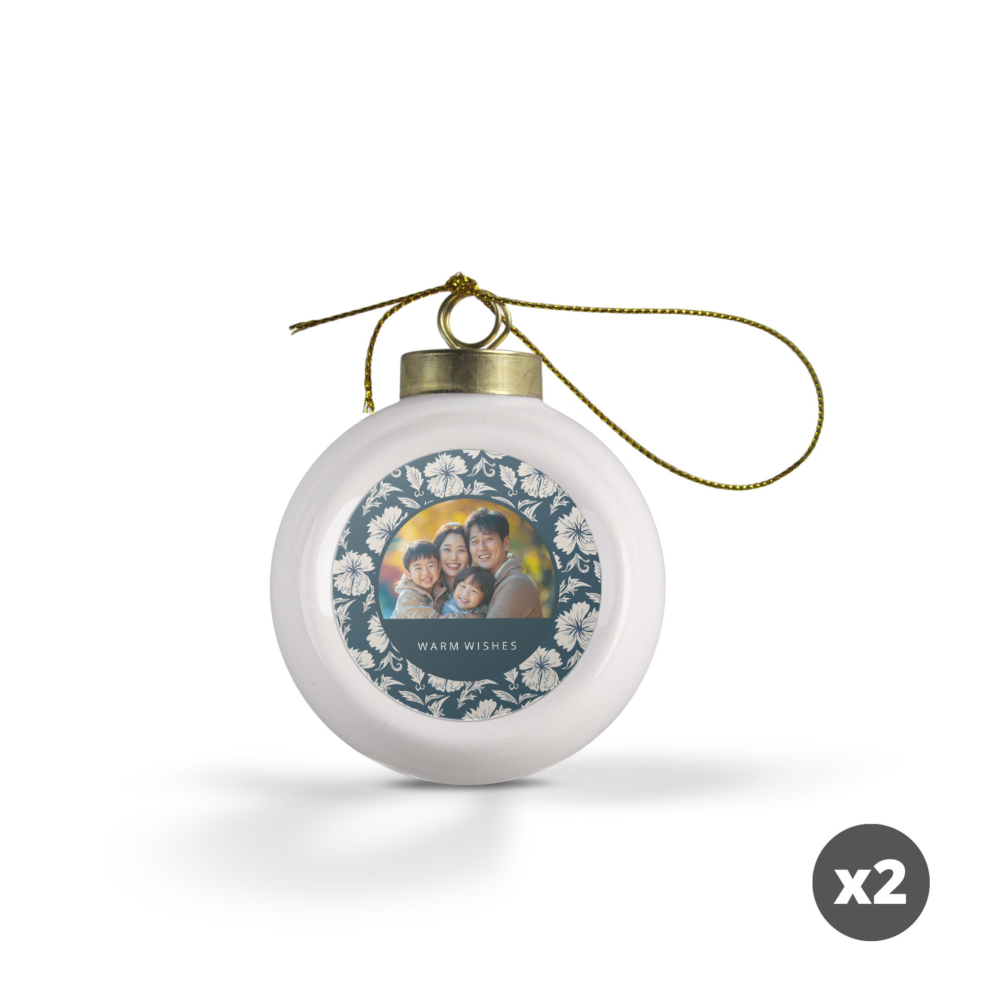 White personalized christmas bauble printed with a family photo and Warm Wishes text.