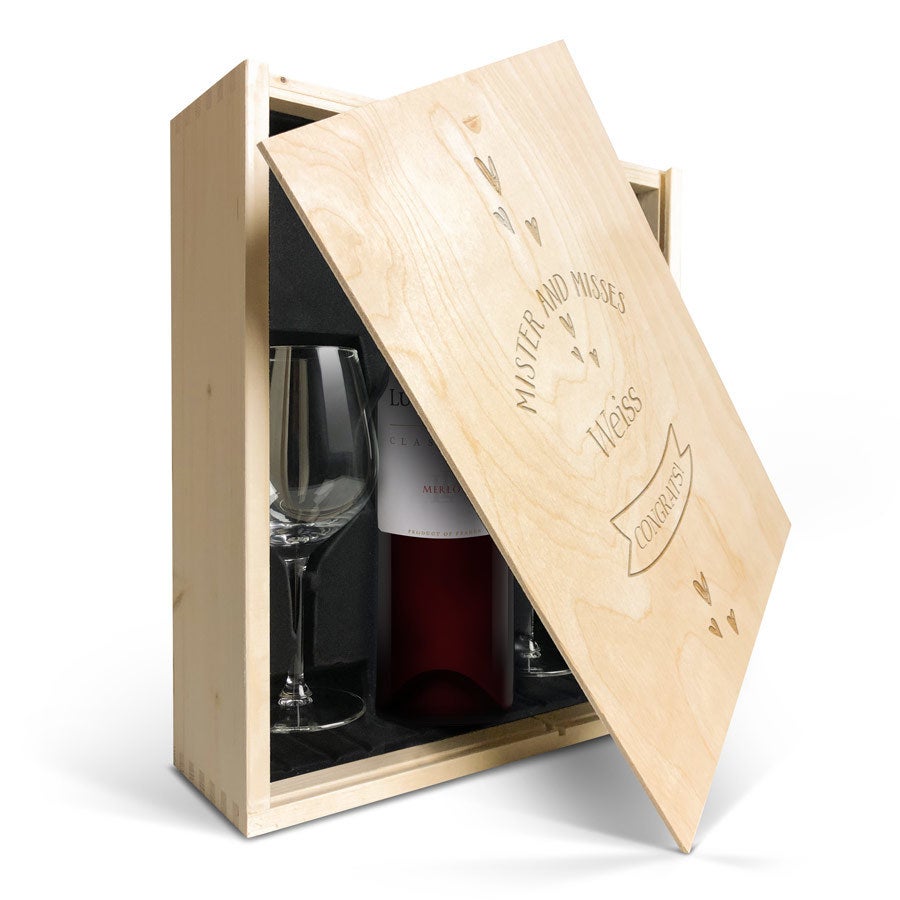 Geschenkset Wein mit Gläsern  - Luc Pirlet Merlot - Gravierter Deckel