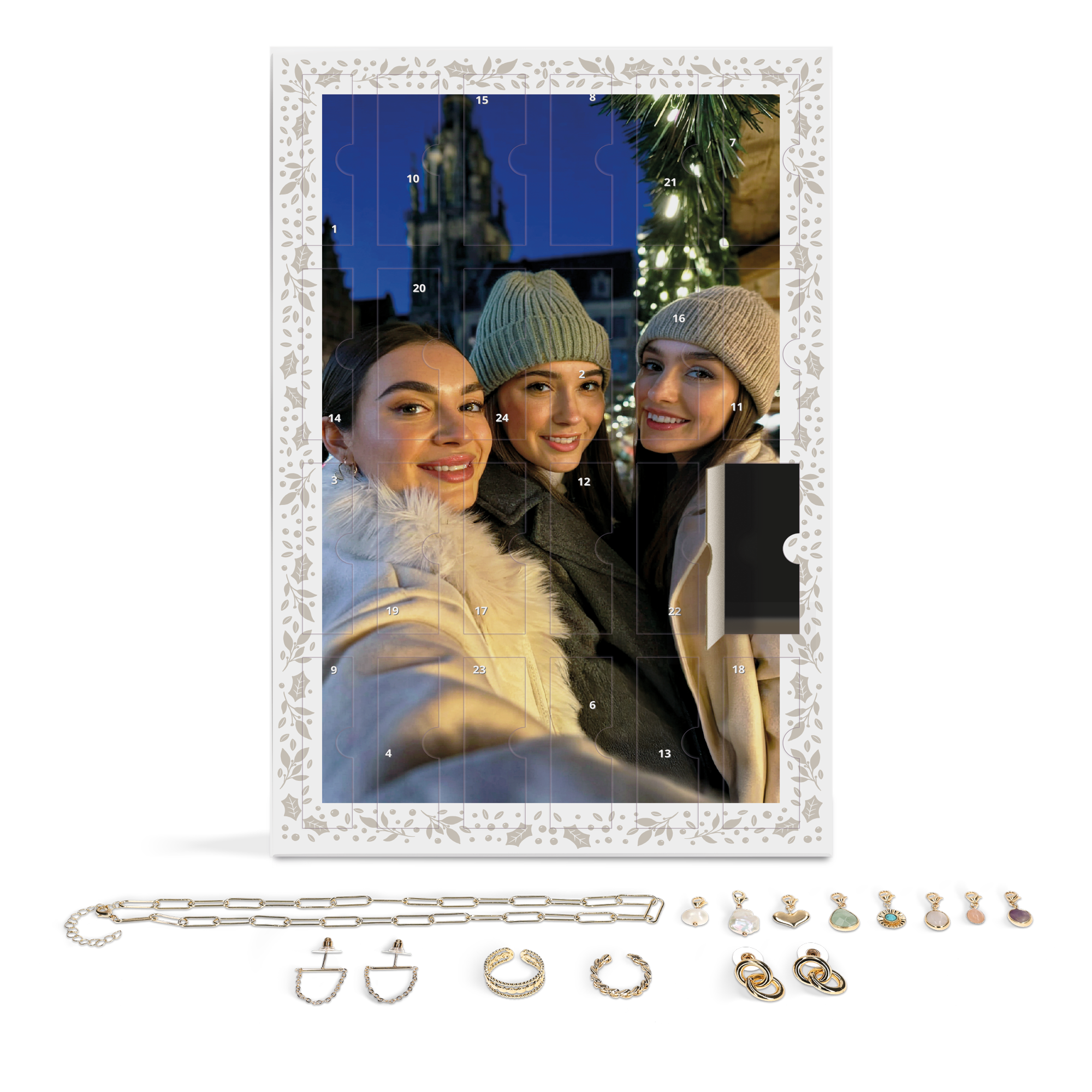 Adventskalender mit Schmuck - mit 24 Schmucküberraschungen, personalisiert mit einem Foto dreier Frauen