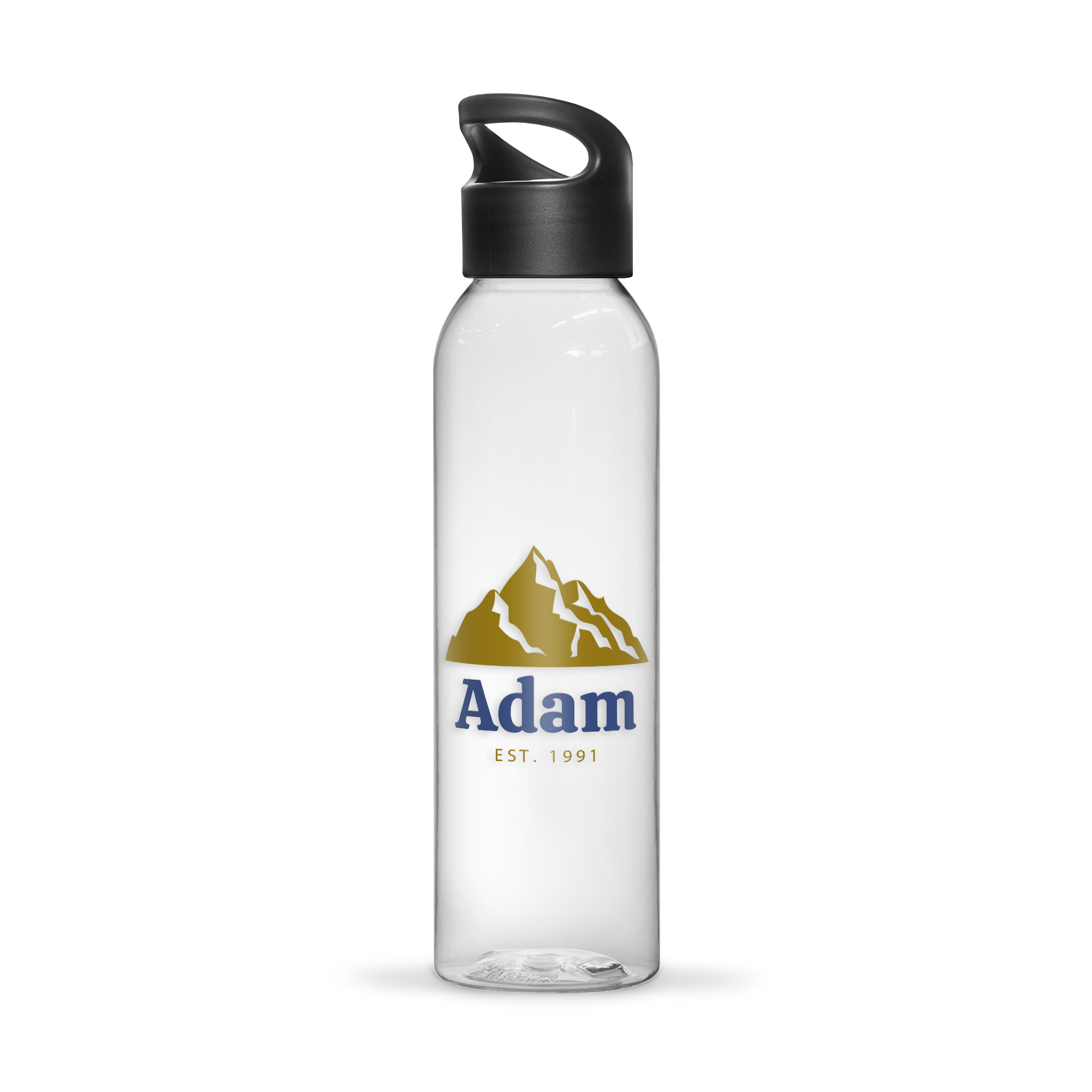 Sticlă de apă personalizată cu design unic, imprimată cu numele Adam și un logo cu munți aurii.