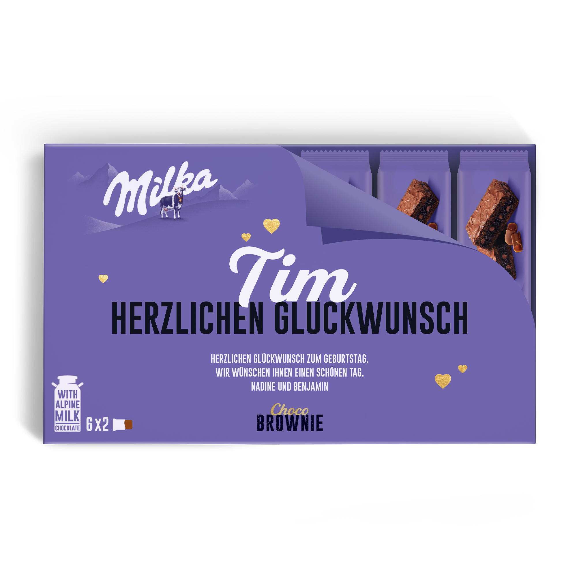 Personalisierte Milka Choco Brownie-Geschenkbox in Lila, mit dem Namen Tim, den Worten HERZLICHEN GLÜCKWUNSCH und 6x2 Brownies, bedruckt mit Text.