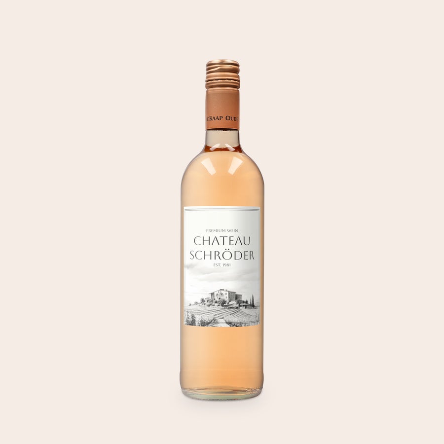 Oude Kaap Rosé personalisieren Weinflasche Oude Kaap Rosé mit individuell bedrucktem Etikett als Geschenk mit der Aufschrift Chateau Schröder Est. 1981