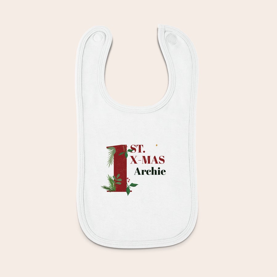 Personalised baby bib - First Christmas - White Personalised baby bib - First Christmas - White