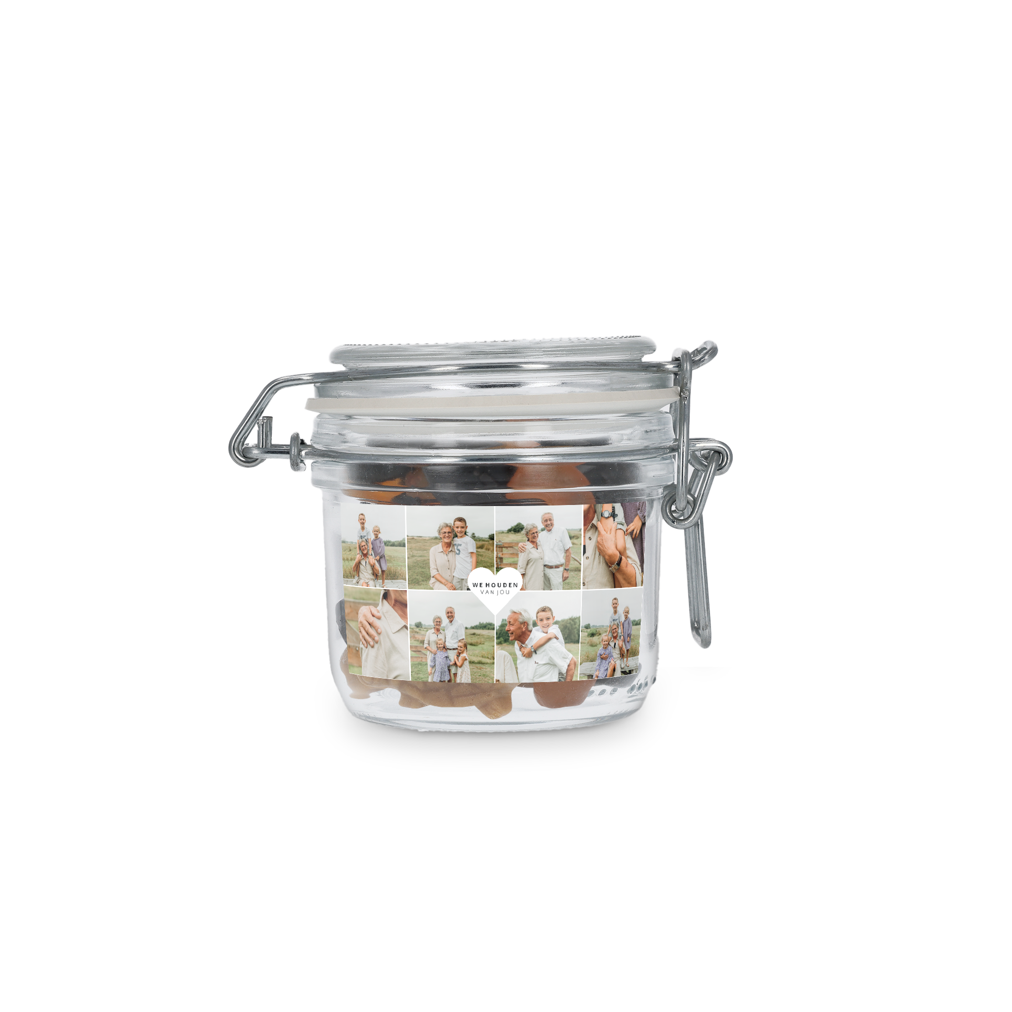 Glazen snoeppot bedrukt met persoonlijke foto collage, tekst We houden van jou, en dropmix.