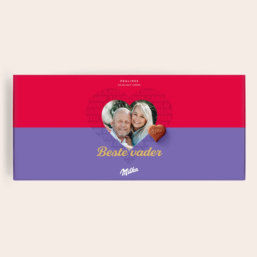 Milka Pralines Love Milka chocolade giftbox met foto van een koppel en de tekst "Beste vader" bedrukt
