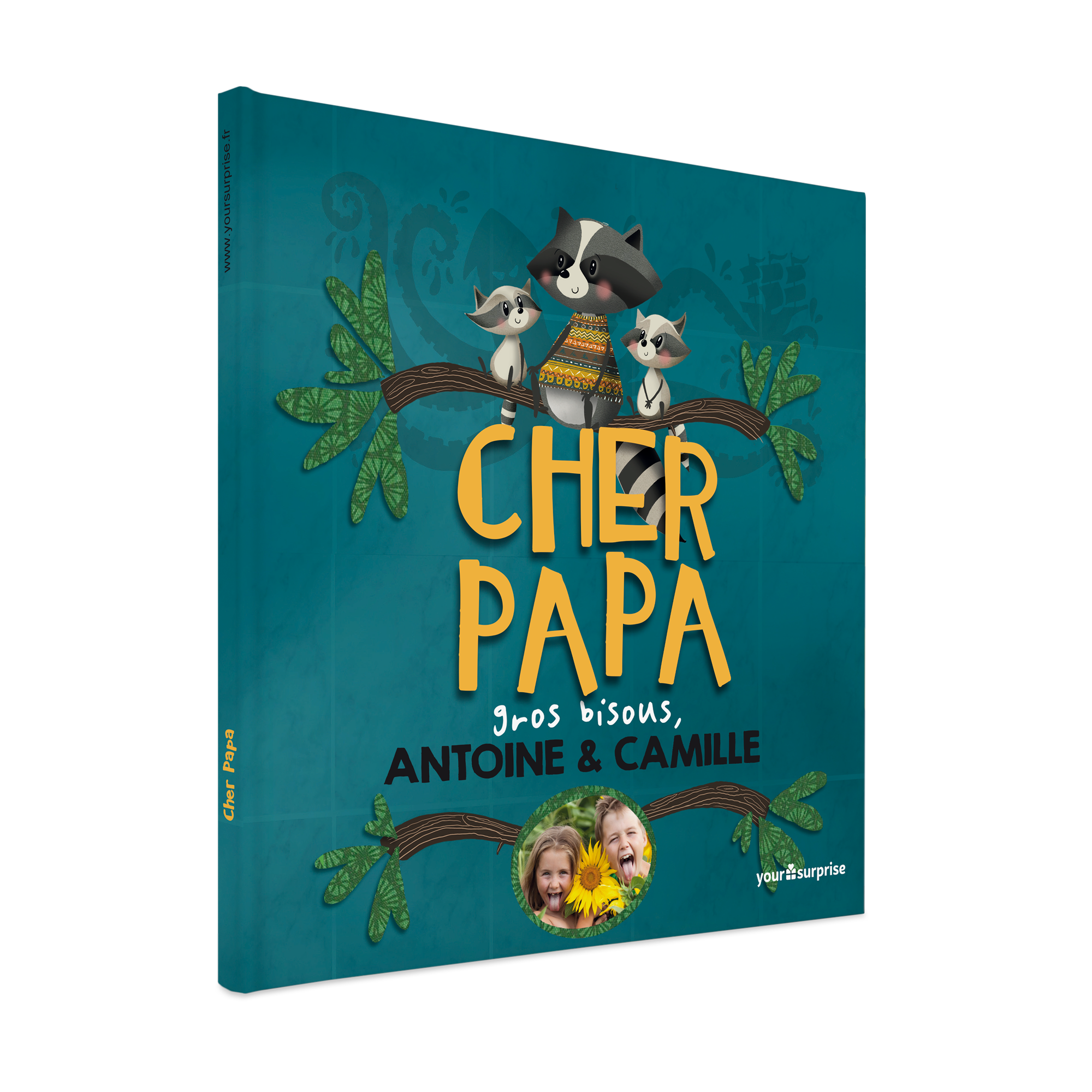 Livre personnalisé Cher Papa avec une photo et les prénoms Antoine et Camille imprimés.