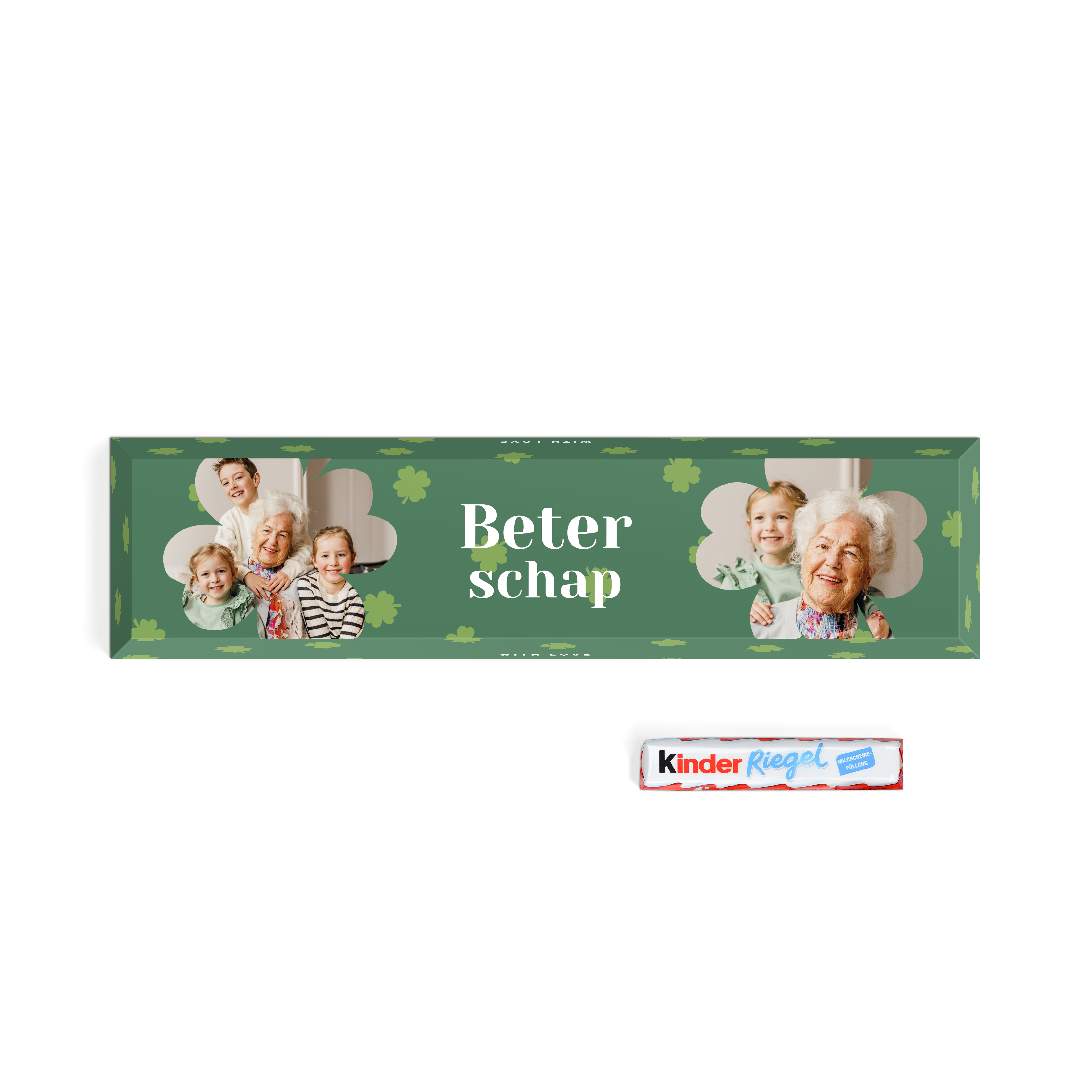 Gepersonaliseerde kinder chocolade XXL met naam en foto voor beterschap in een groene verpakking met klavertjes.