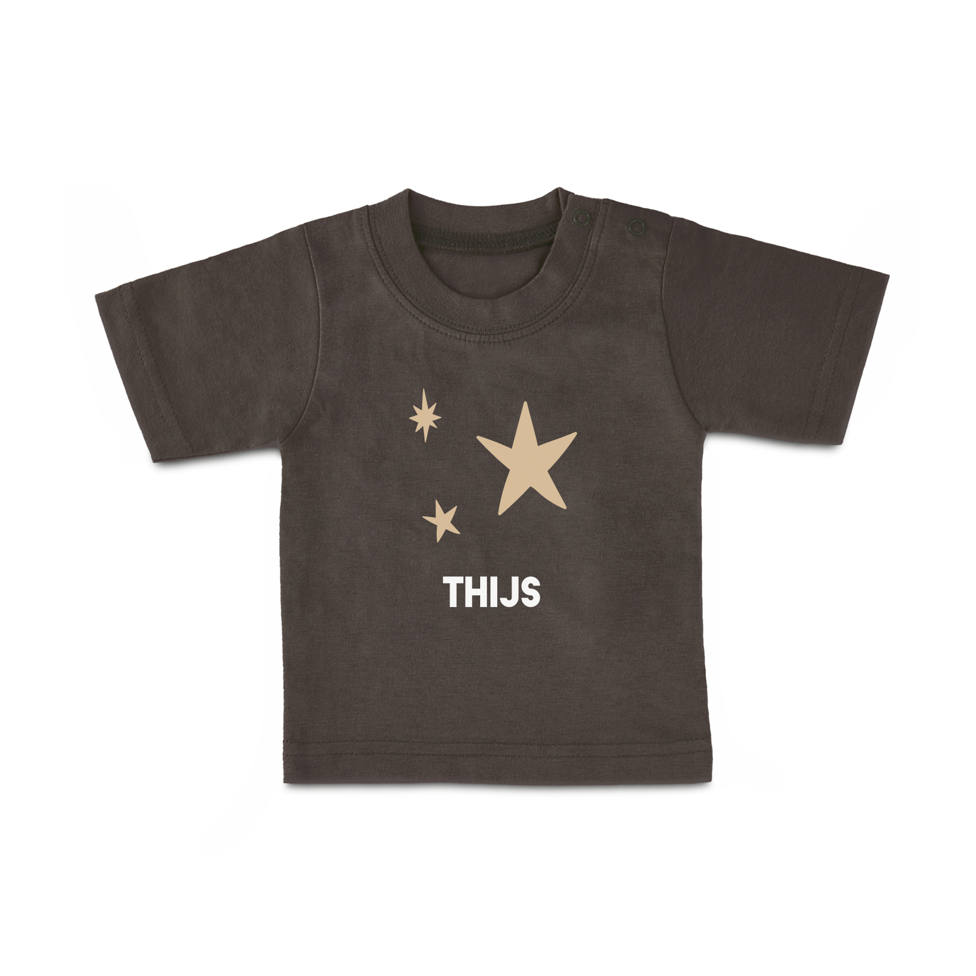 Donkergrijs baby shirt met naam Thijs en gele sterren, bedrukt met een persoonlijke tekst.