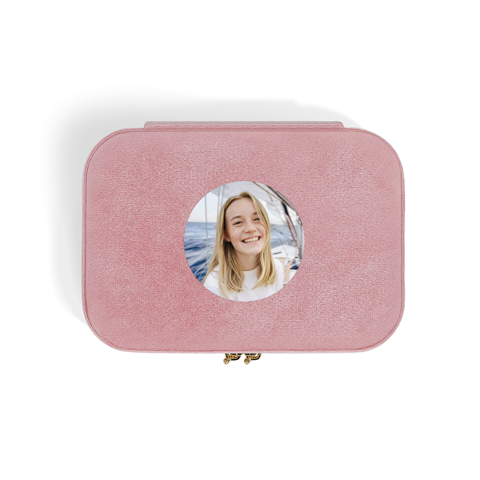 Boîte à bijoux personnalisée prénom - Rectangulaire - Rose avec photo imprimée d'une fille souriante
