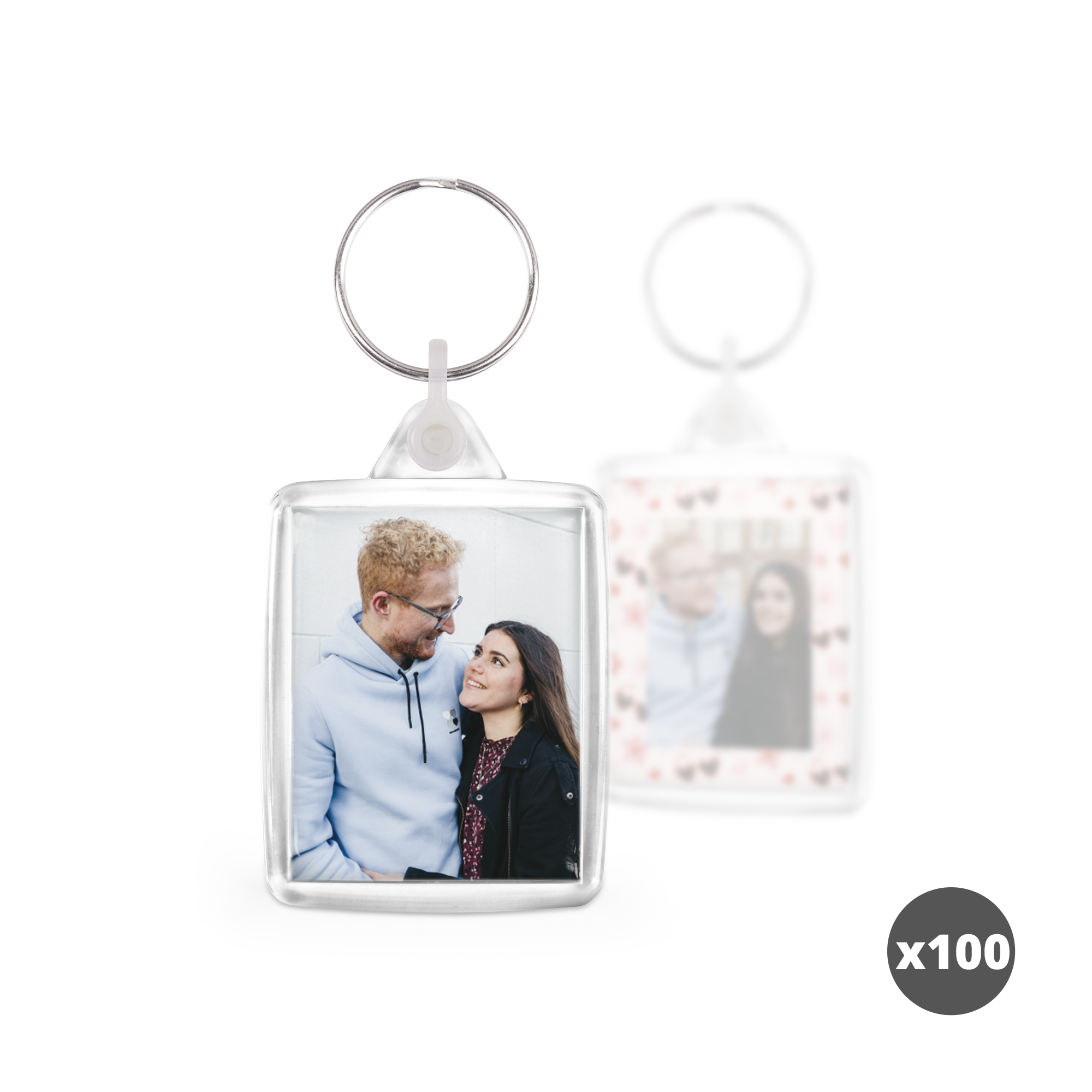 Set de 100 brelocuri personalizate cu imprimare foto pe ambele fețe, având un cuplu tânăr