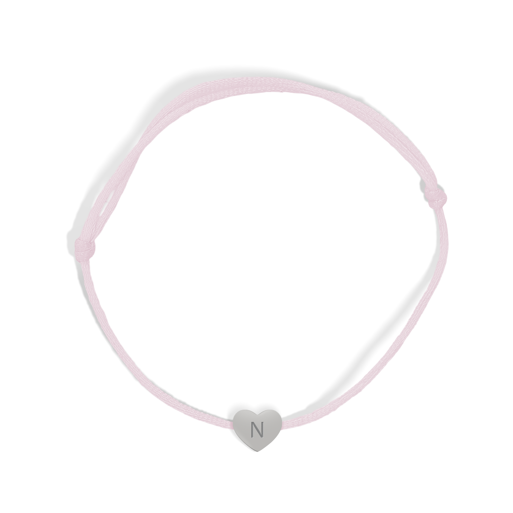 Roze koord armband voor kinderen - Gepersonaliseerd - Zilveren hartje met gegraveerde letter N.