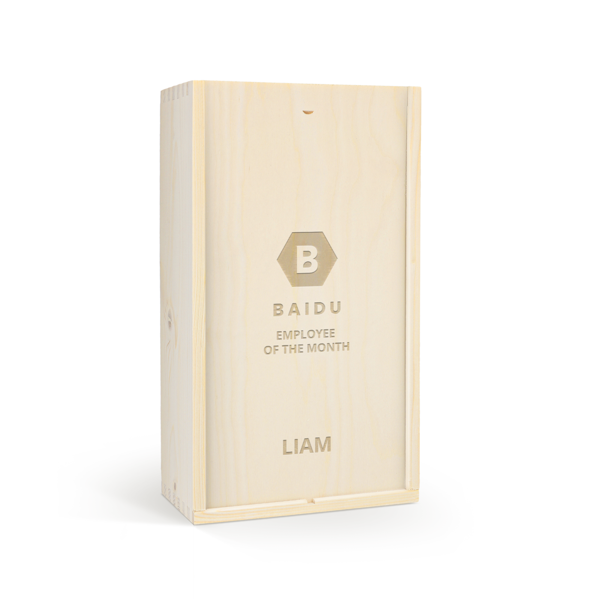 Light wood personalized wooden case for a gift, engraved with "Baidu Employee of the Month Liam"