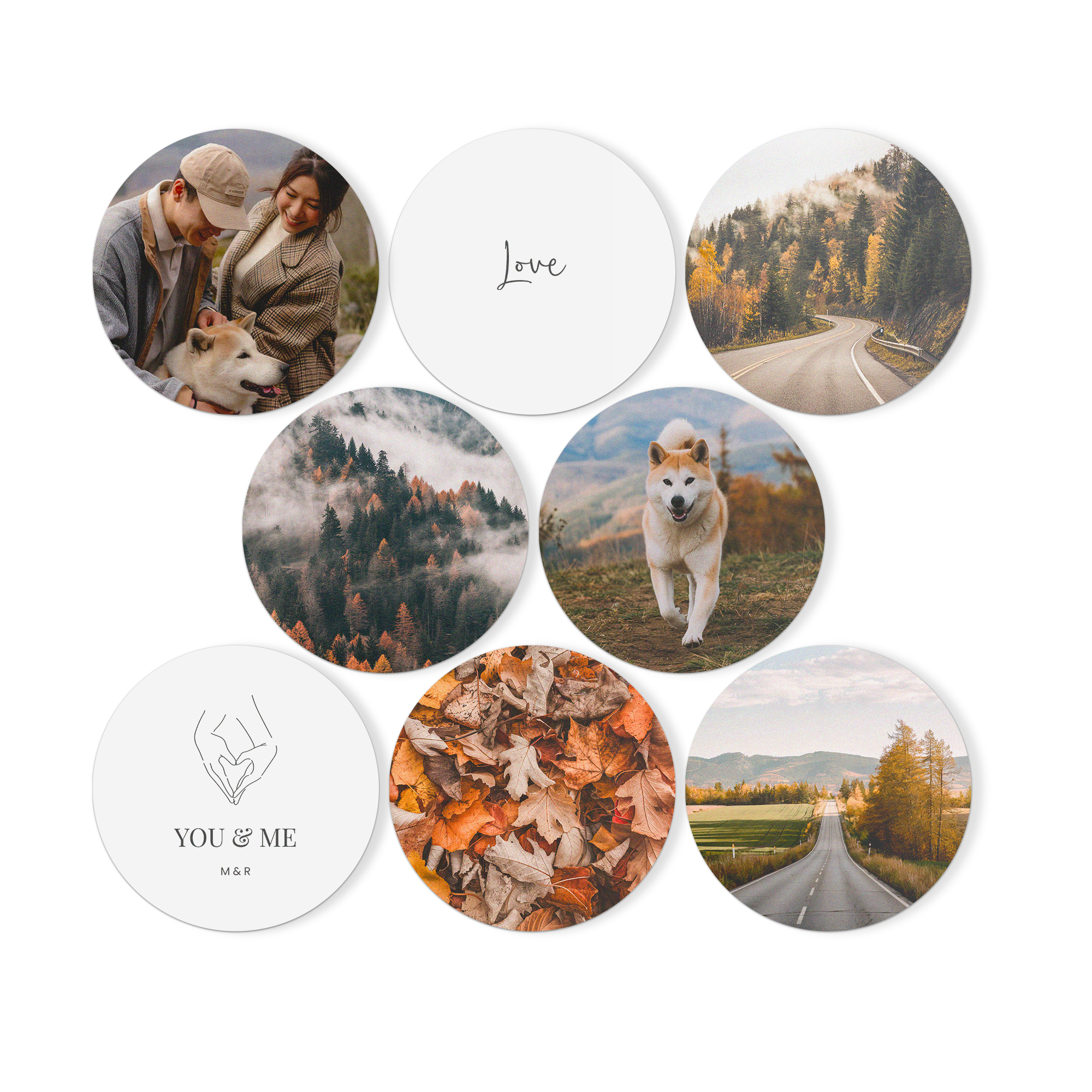 Forex wall art panels with nine round photo tiles showcasing personalized designs and photos