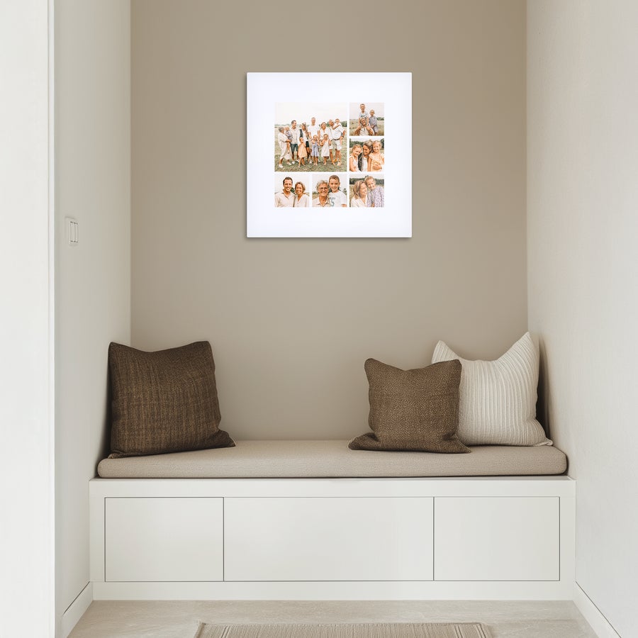 Instagram photo collage Aluminum Instagram photo collage printed with family photos displayed on a wall