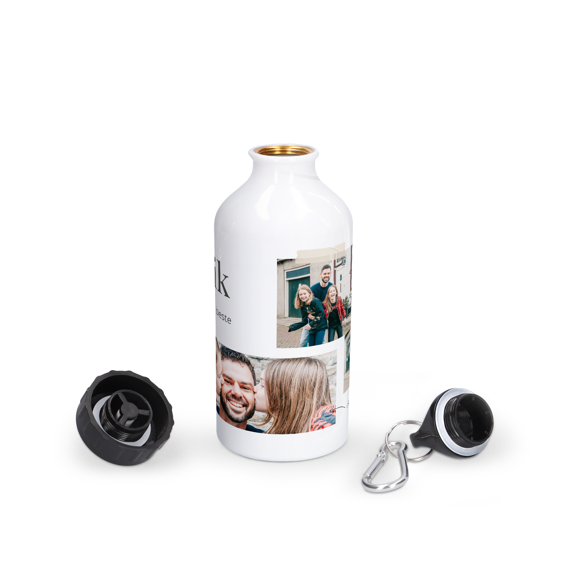 Cantină de sticlă de apă albă, personalizată prin imprimare cu două fotografii și text "Ik ben de beste", cu dop și carabină atașată