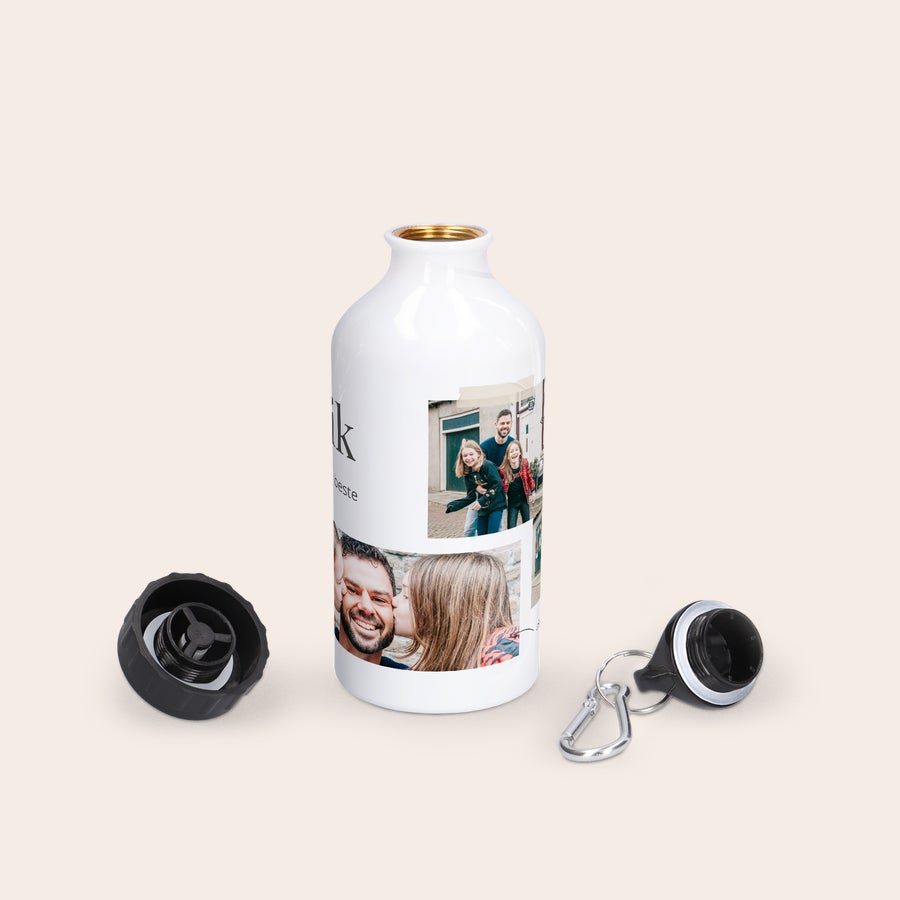 Sticlă de apă Cantină de sticlă de apă albă, personalizată prin imprimare cu două fotografii și text "Ik ben de beste", cu dop și carabină atașată