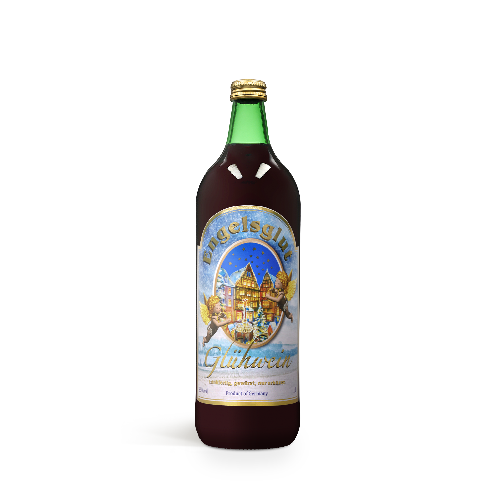 Engelsglut mulled wine bottle with an illustrated winter scene label featuring angels and buildings