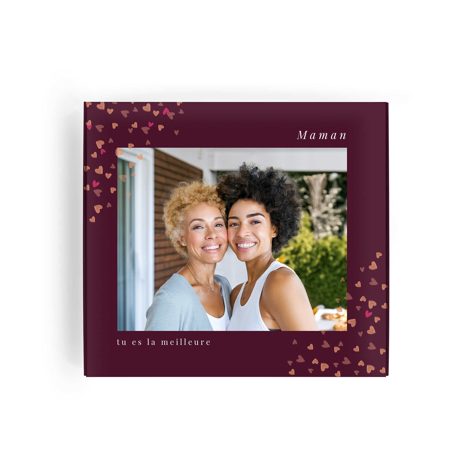 Boîte de chocolat Tony's Chocolonely personnalisée avec photo imprimée de deux femmes, message Maman et cœurs roses, un cadeau gourmand et unique