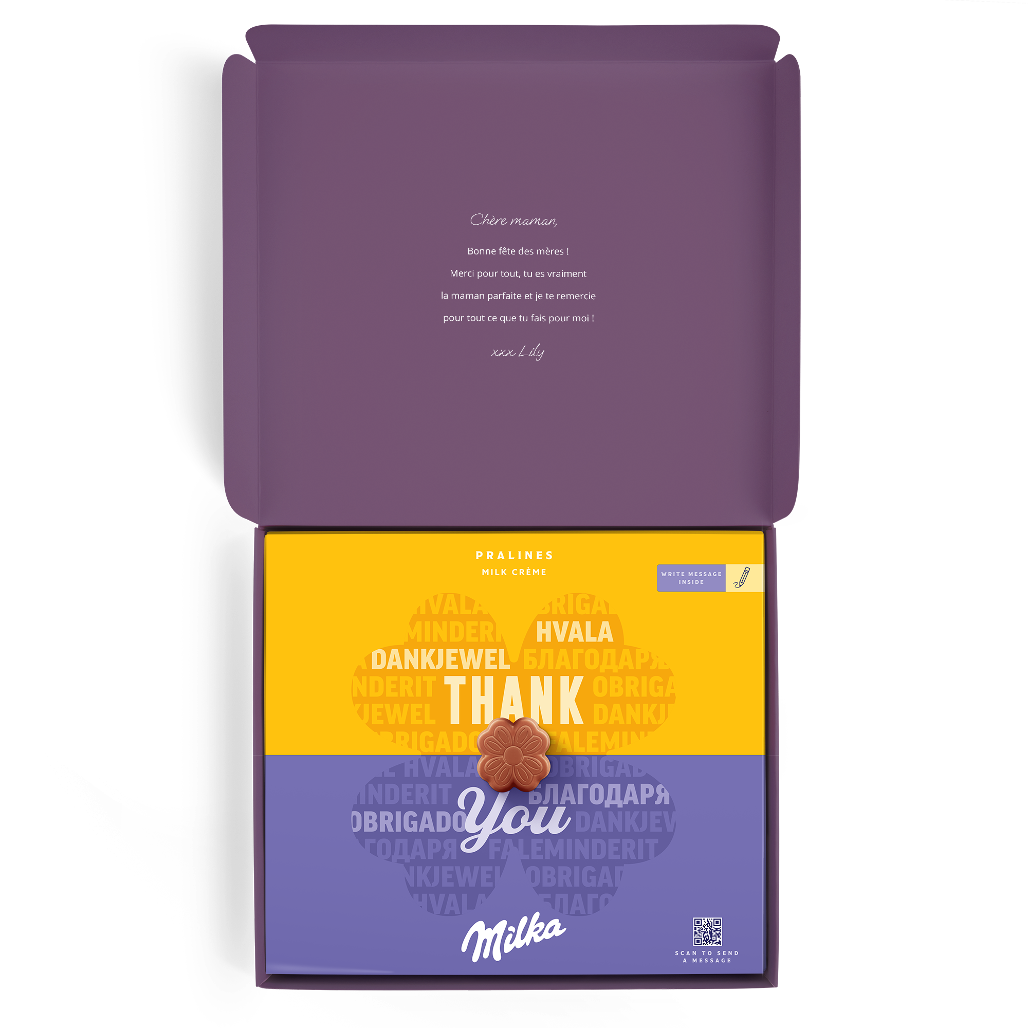Coffret cadeau personnalisé en chocolat Milka avec un message imprimé "Chère maman" et la signature "Lily" pour la Fête des Mères.